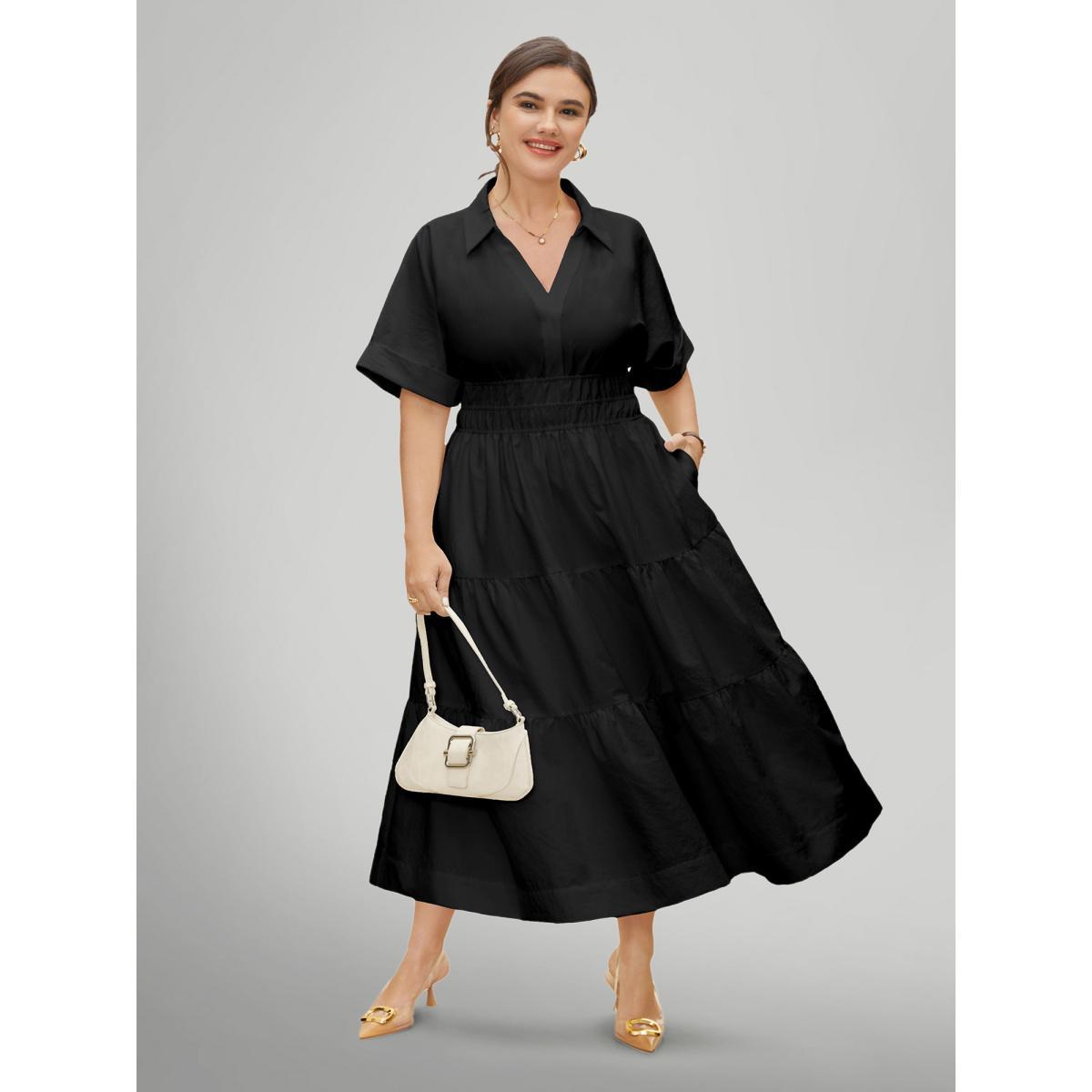 Plus Size Midfield Tiered Midi Shirt Dress Black Women At the Office Gathered Shirt collar Short sleeve Curvy BloomChic 30/6X Product Image