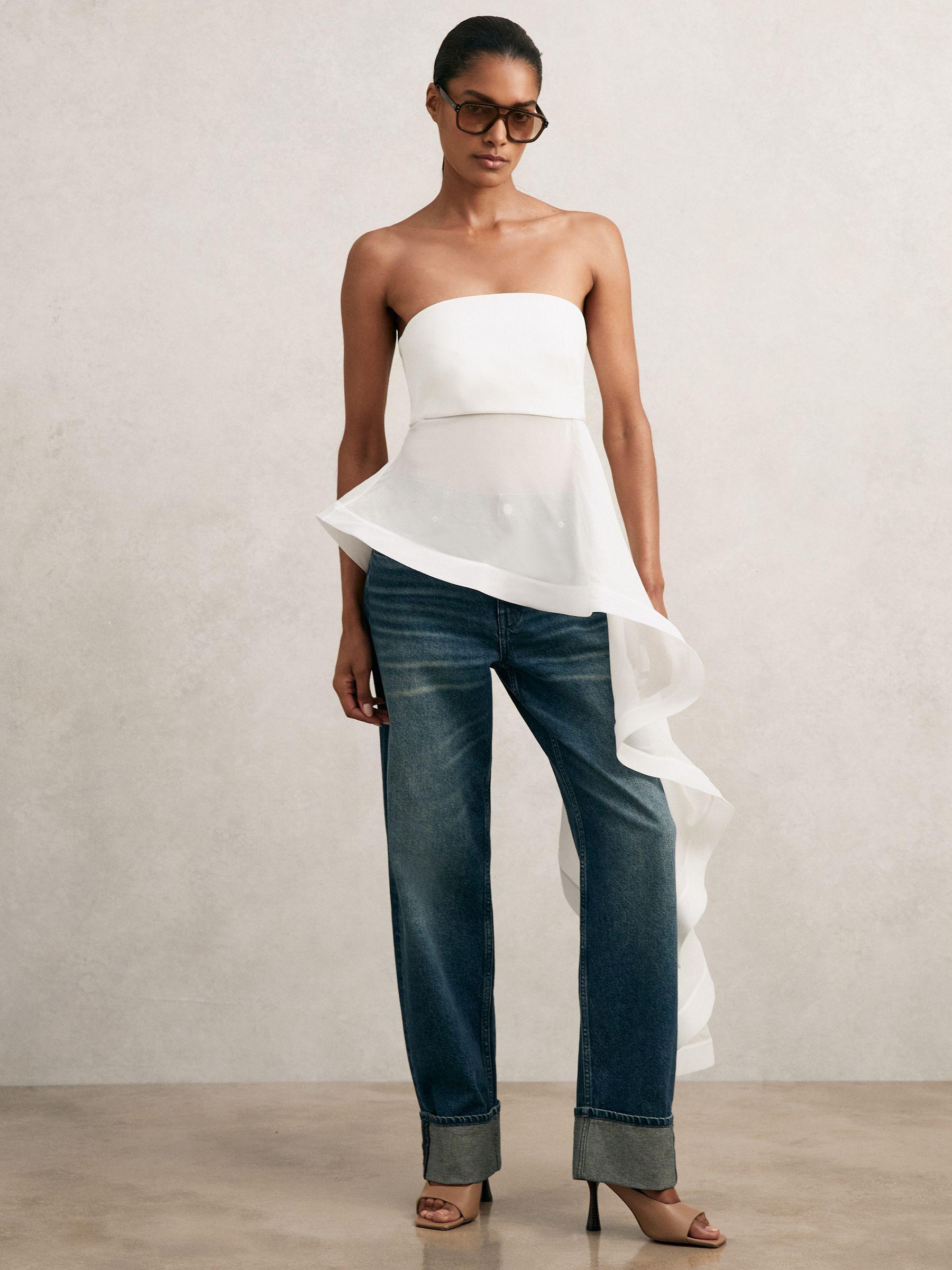 Silk Asymmetric-Ruffle Bandeau Top in Ivory Product Image