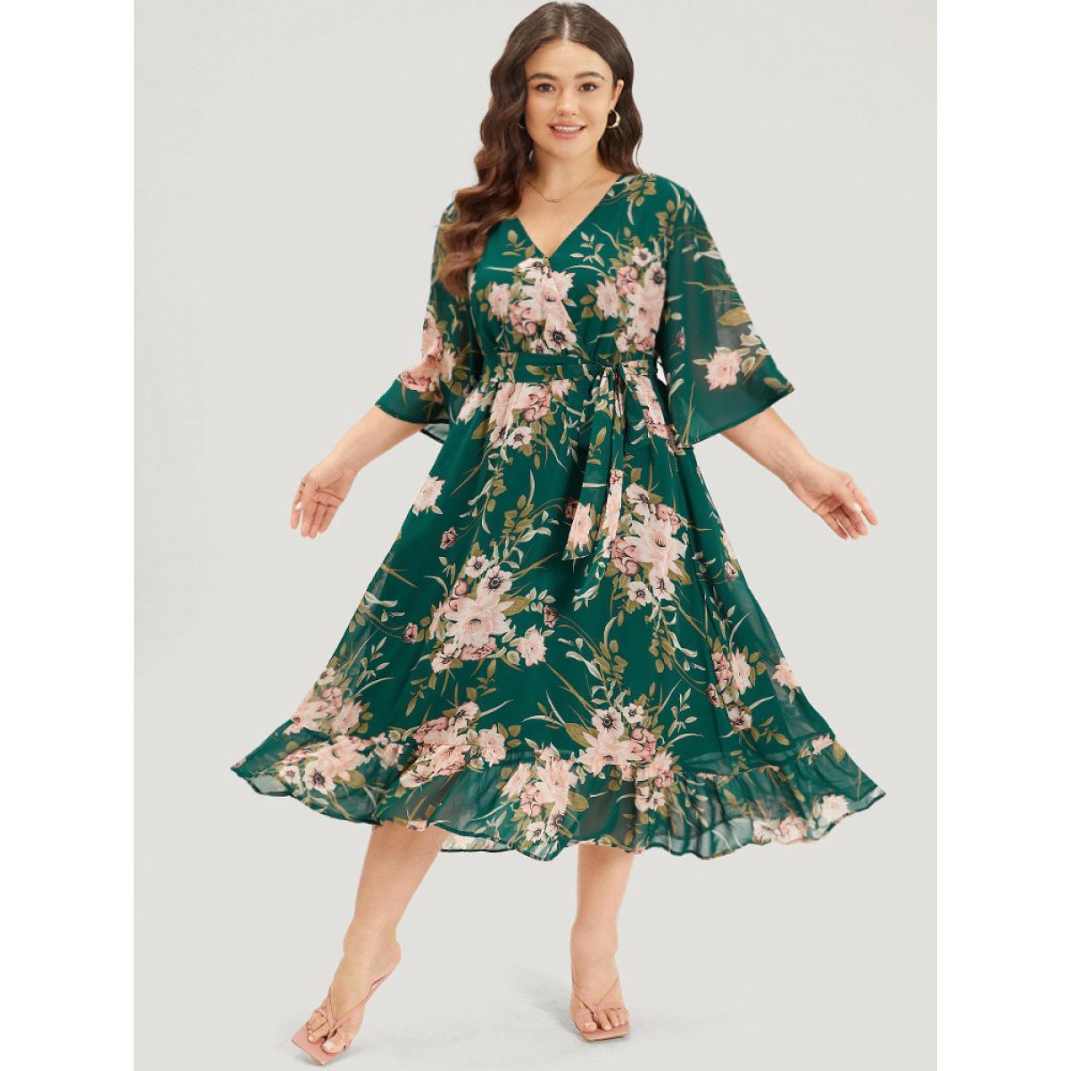 Plus Size Floral Print Surplice Neck Belted Dress DarkGreen Women Elegant Lined V-neck Elbow-length sleeve Curvy Midi Dress BloomChic 26/4X Product Image