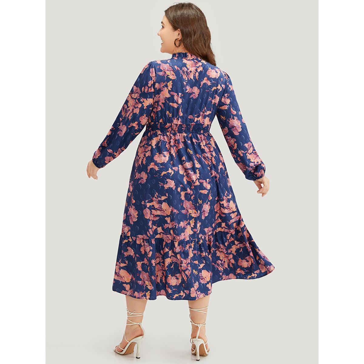 Plus Size Floral Print Shirred Frill Trim Ties Dress DarkBlue Women Elegant Elastic cuffs Tie Neck Long Sleeve Curvy Midi Dress BloomChic 12/L Product Image