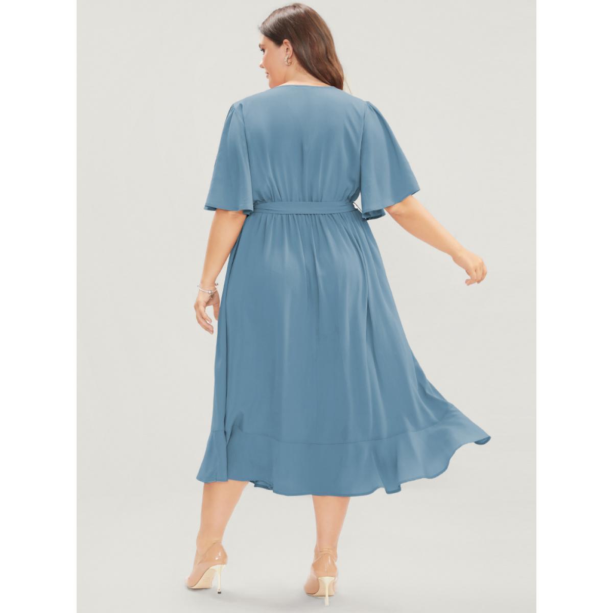 Plus Size Solid Keyhole Round Neck Pocket Belted Flutter Dress Stone Women Office Belted Round Neck Half Sleeve Curvy Midi Dress BloomChic 22-24/3X Product Image