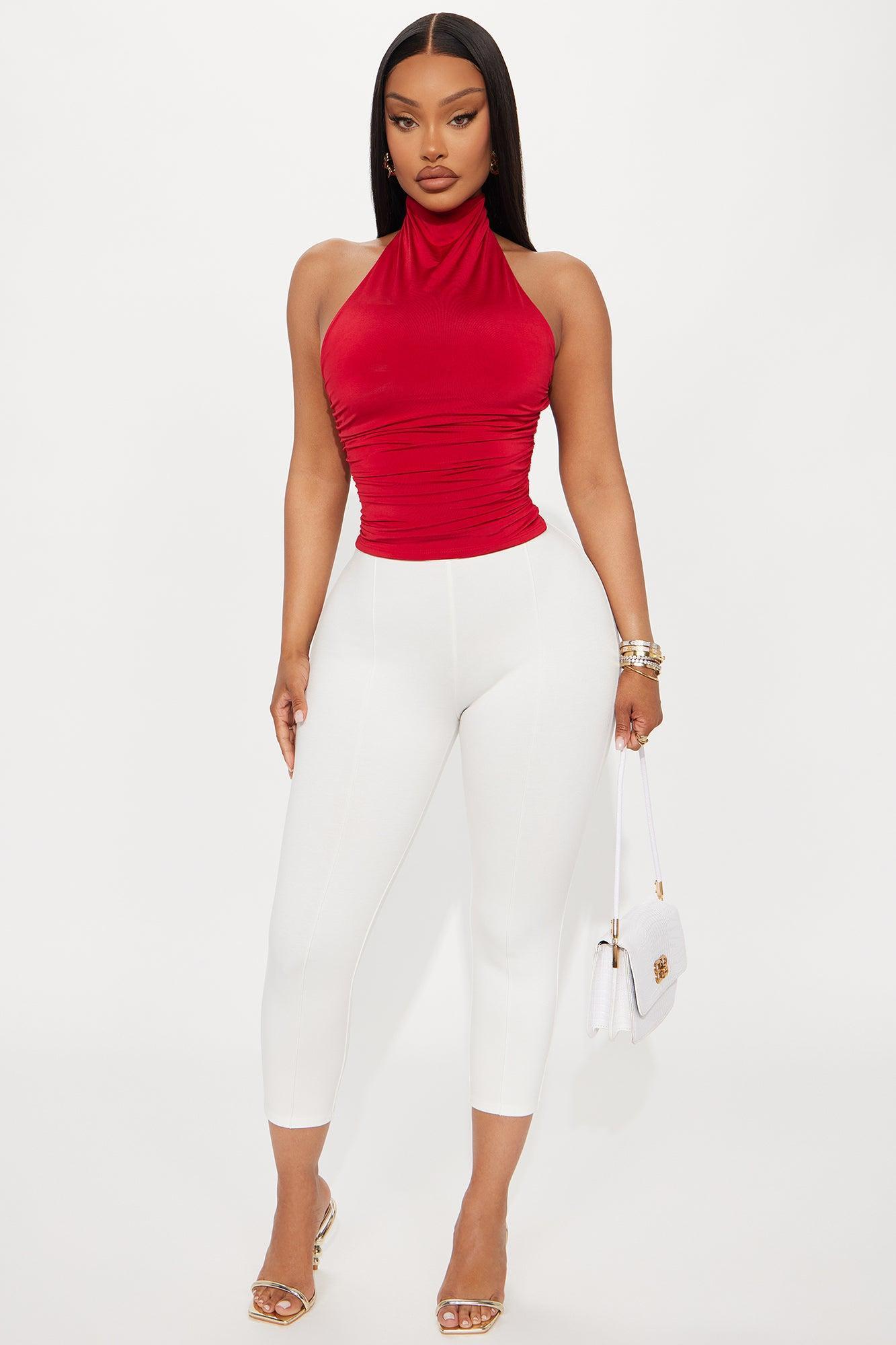 Rhoda Ruched High Neck Halter Top - Red Product Image