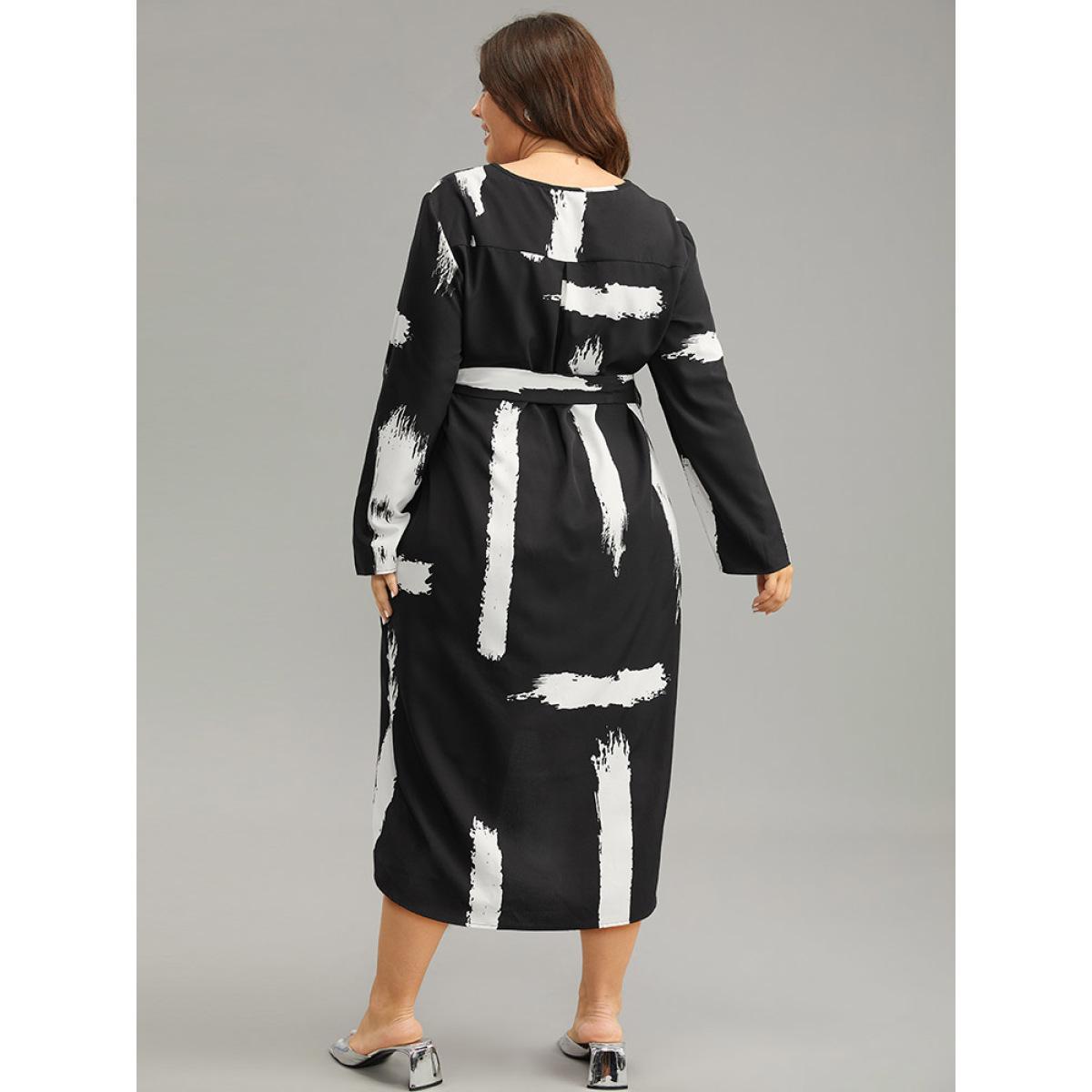 Plus Size Brush Print V Neck Belted Tab Sleeve Dress BlackFlower Women Office Belted V-neck Long Sleeve Curvy Knee Dress BloomChic 10/M Product Image