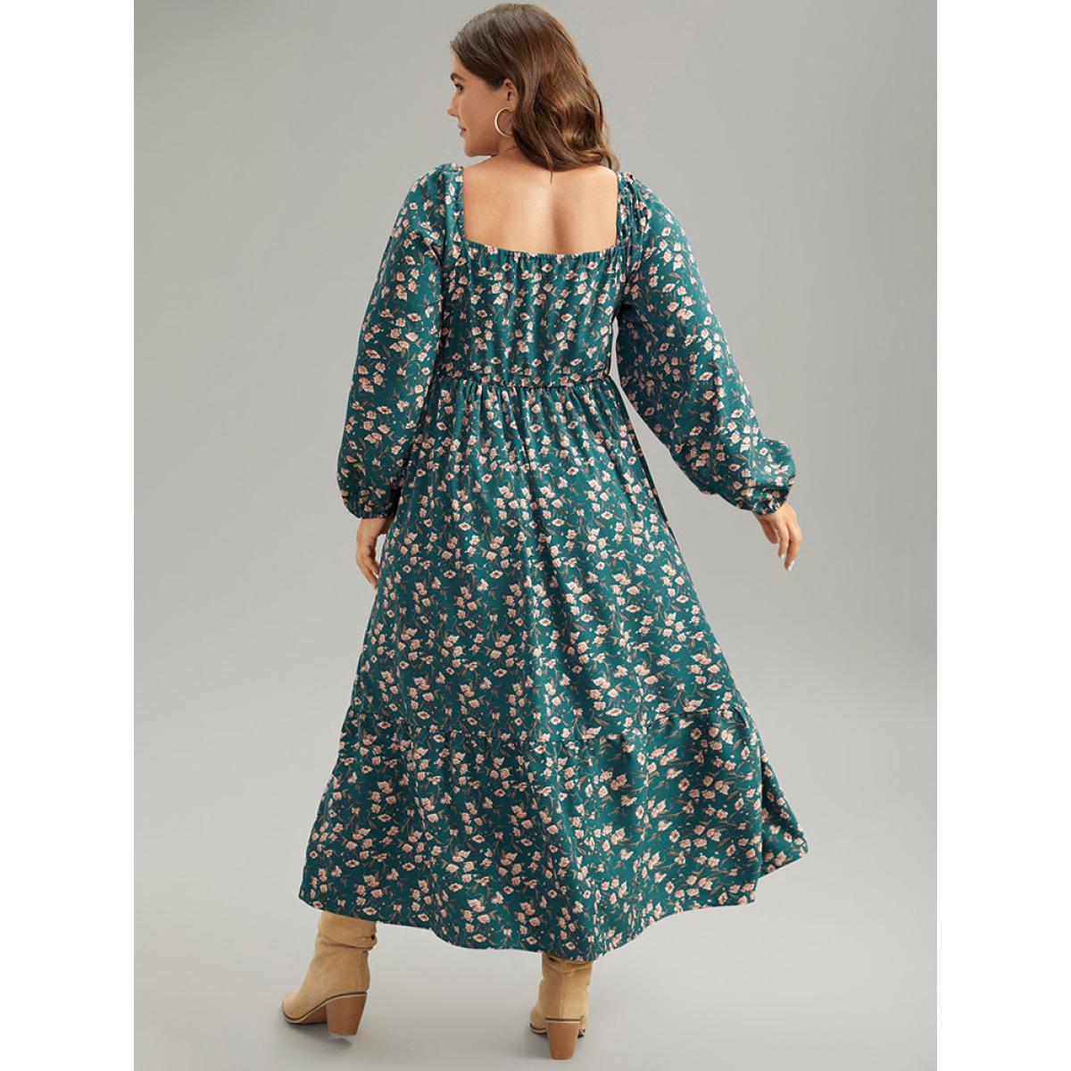 Plus Size Ditsy Floral Square Neck Elastic Waist Ties Dress Teal Women Vacation Elastic cuffs Square Neck Long Sleeve Curvy Midi Dress BloomChic 22-24/3X Product Image