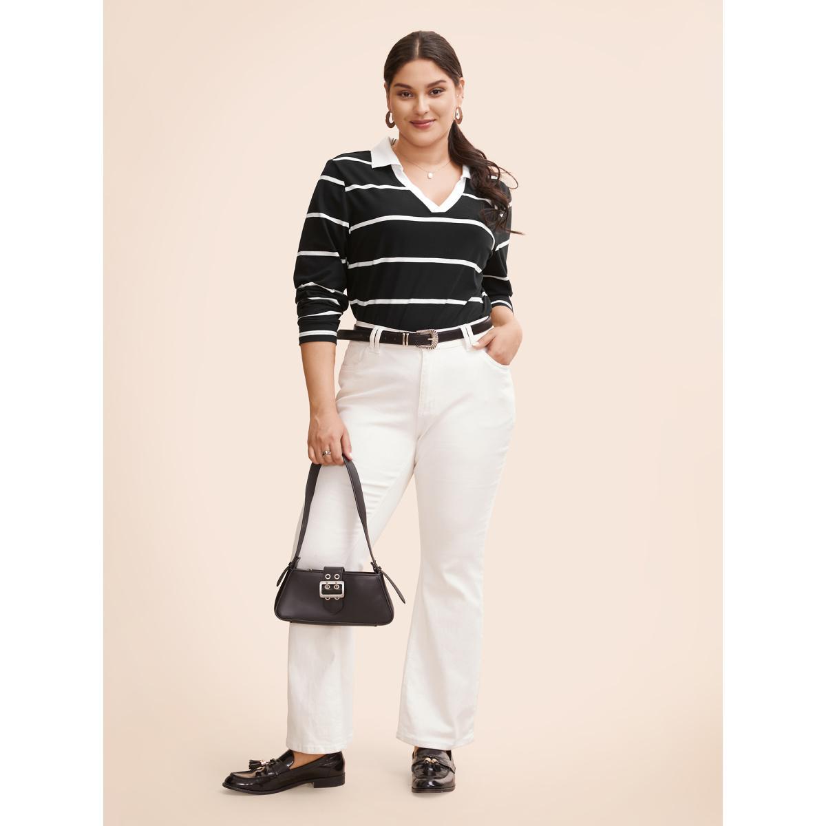 Plus Size Striped Contrast Collared V Neck T-shirt Black Women At the Office Contrast Polo Work T-shirts BloomChic 22-24/3X Product Image