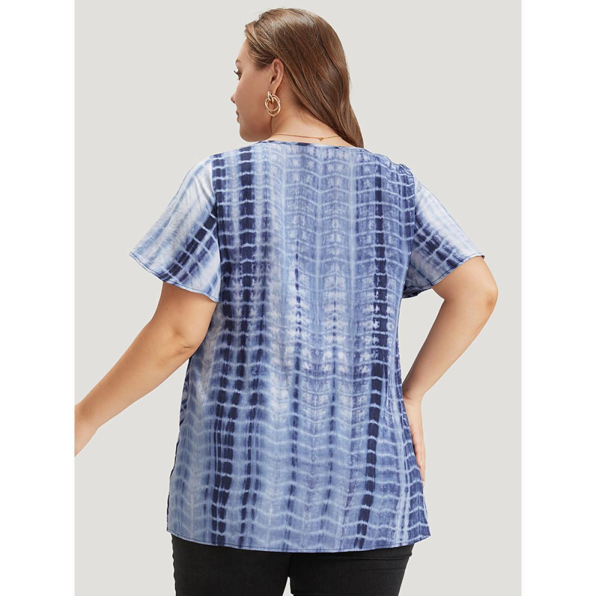 Plus Size Blue Tie Dye Ruffle Sleeve Crew Neck Blouse Women Vacation Short sleeve Round Neck Dailywear Blouses BloomChic 14-16/1X Product Image