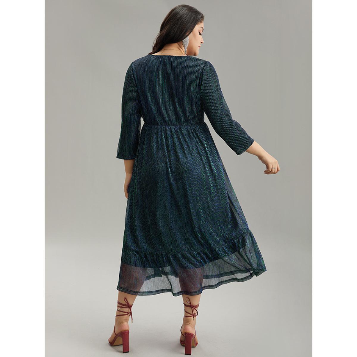 Plus Size Luxe Mesh Pleated Elastic Waist Wrap Dress DarkGreen Women Party Texture Overlap Collar Elbow-length sleeve Curvy Midi Dress BloomChic 18-20/2X Product Image
