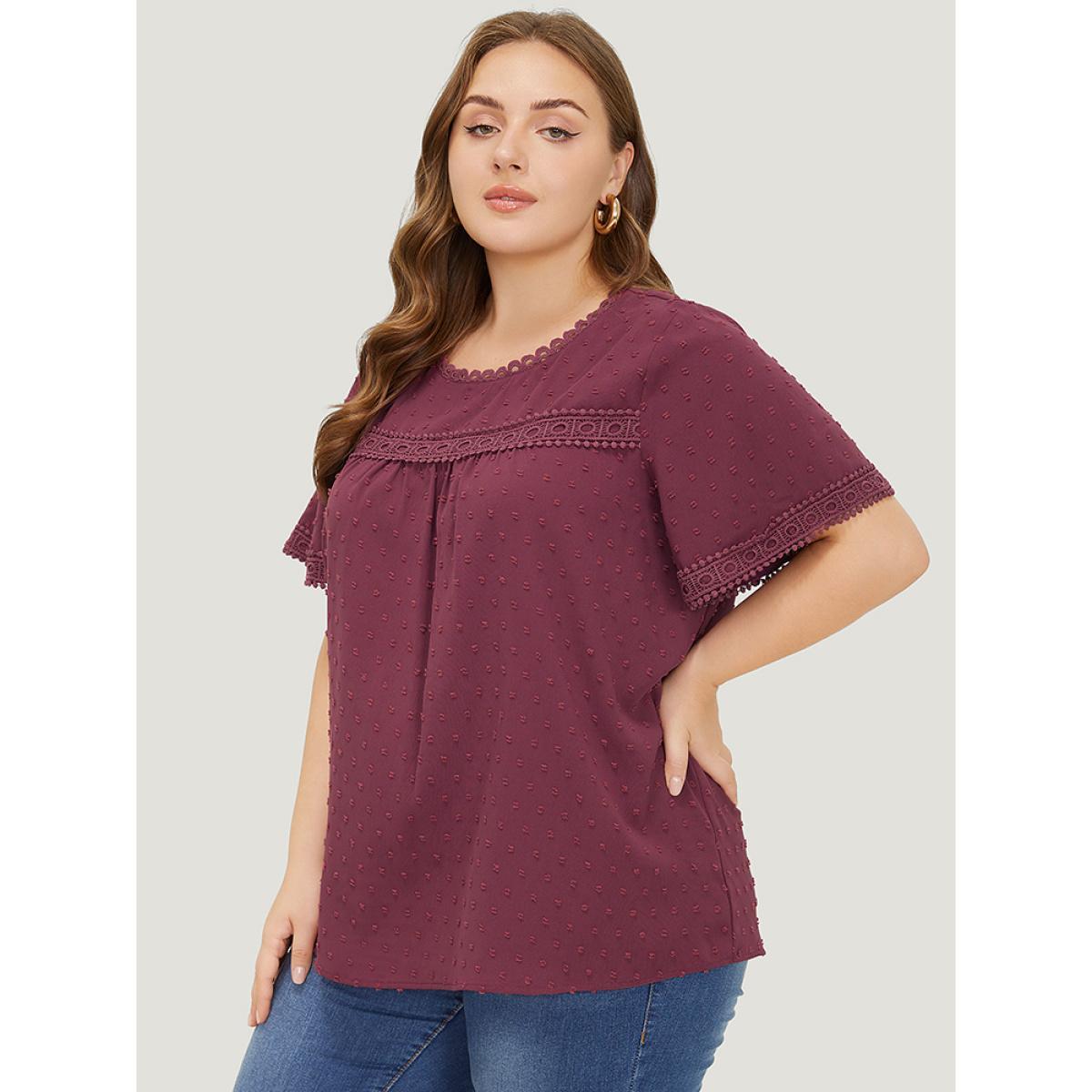 Plus Size RedViolet Polka Dot Gathered Lace Blouse Women Elegant Short sleeve Round Neck Dailywear Blouses BloomChic 12/L Product Image