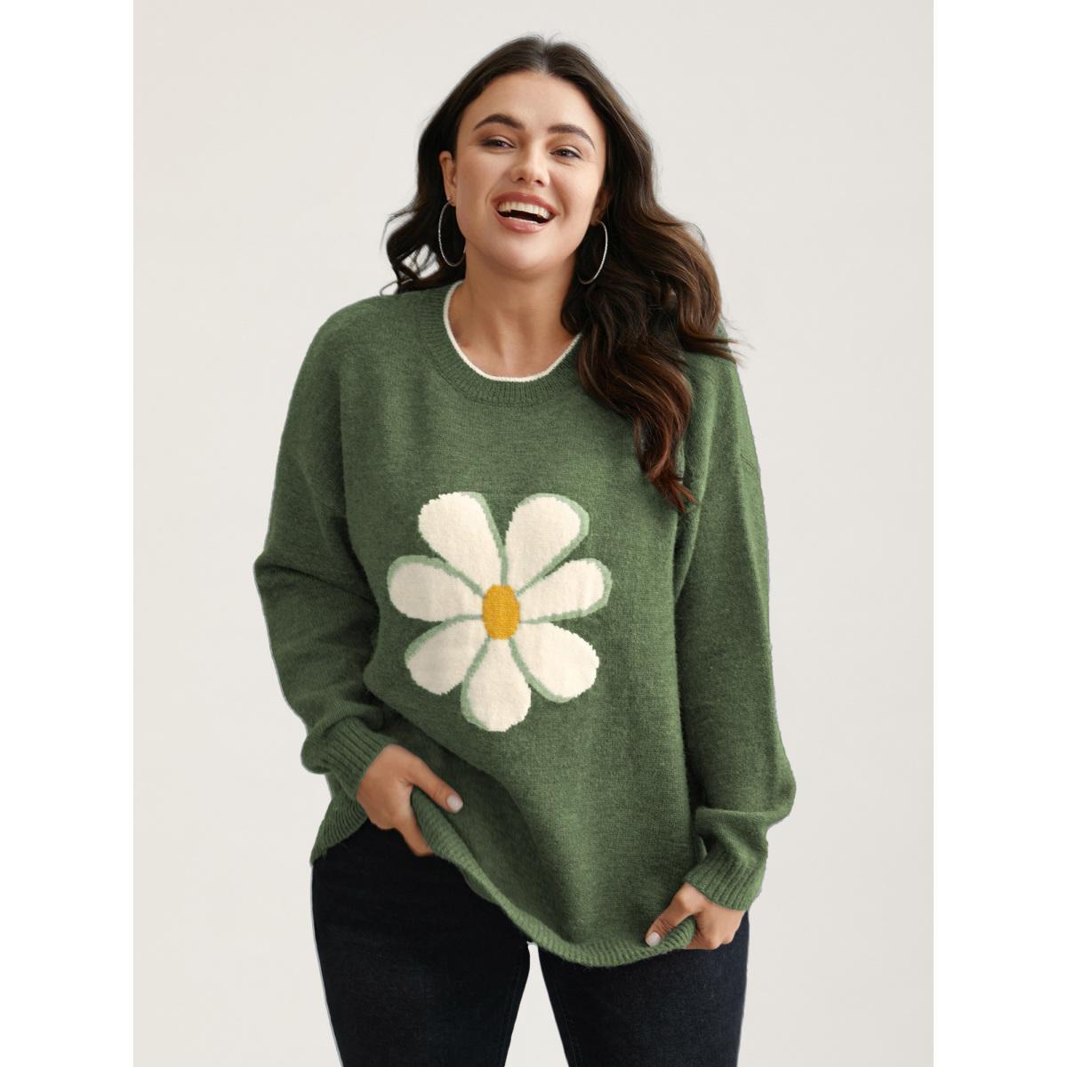 Plus Size Floral Textured Crew Neck Pullover ArmyGreen Women Casual Loose Long Sleeve Round Neck Everyday Pullovers BloomChic 10/M Product Image