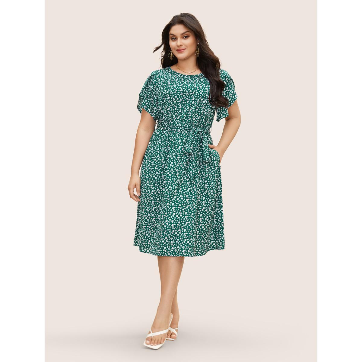 Plus Size Tulip Sleeved Round Neck Midi Dress Teal Women Elegant Belted Round Neck Short sleeve Curvy BloomChic 10/M Product Image