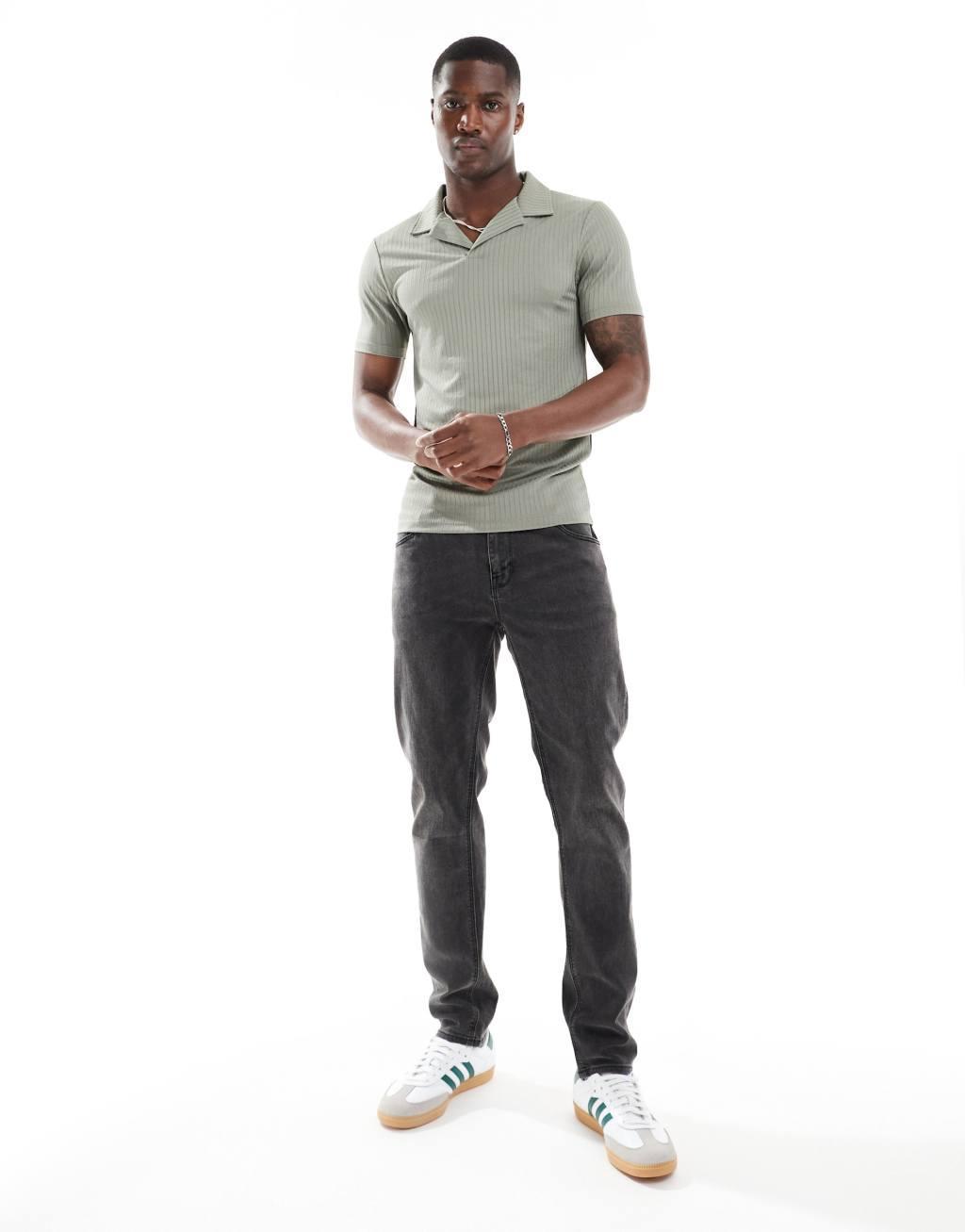 ASOS DESIGN textured ribbed polo in khaki Product Image
