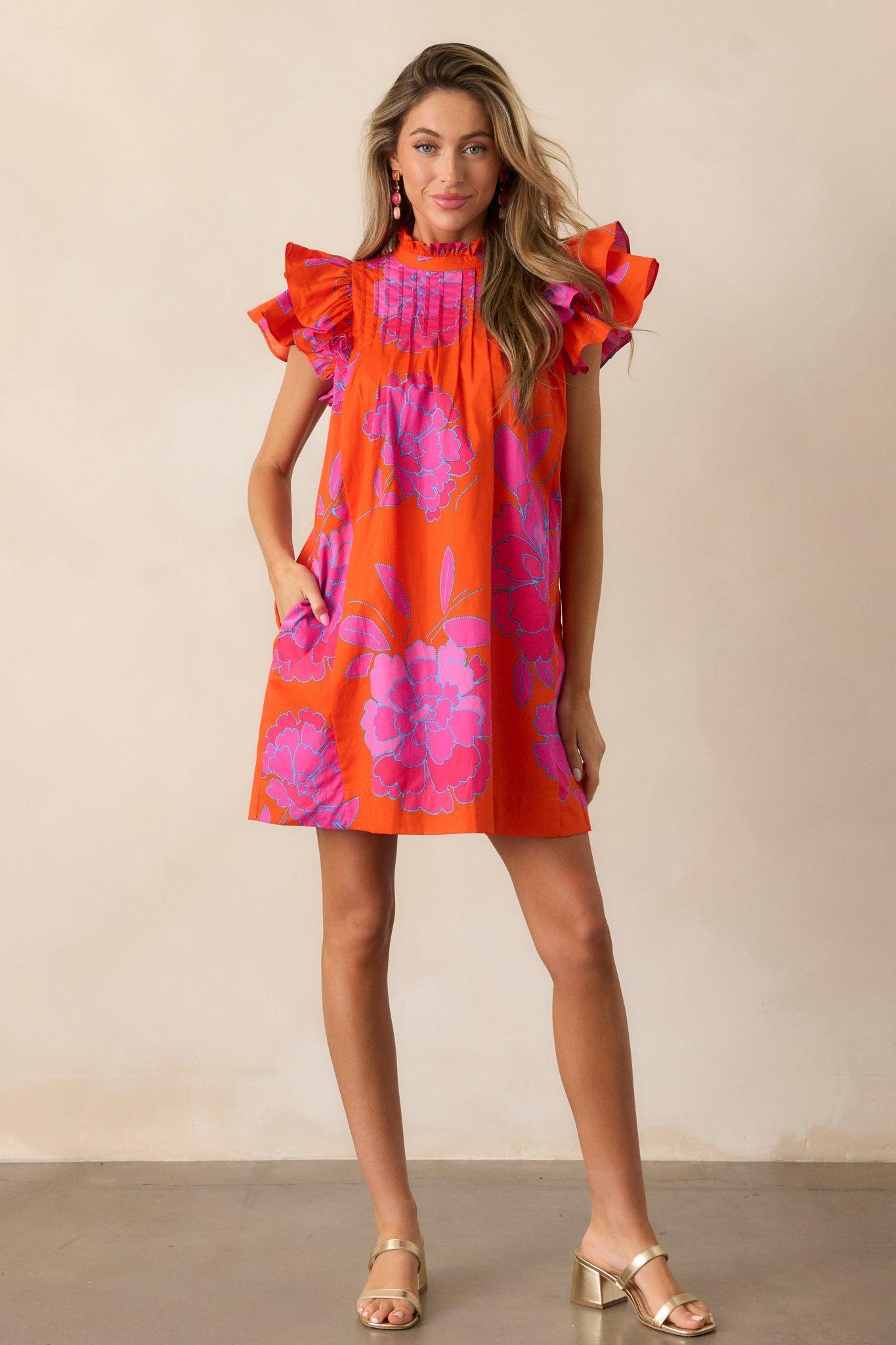 Breezes And Blooms Cotton Orange Flutter Sleeve Mini Dress Product Image