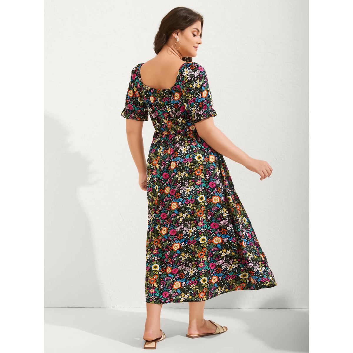 Plus Size Shirred Stretchy Waist Floral Midi Dress BlackFlower Women Square Neck Short sleeve Curvy BloomChic 12/L Product Image