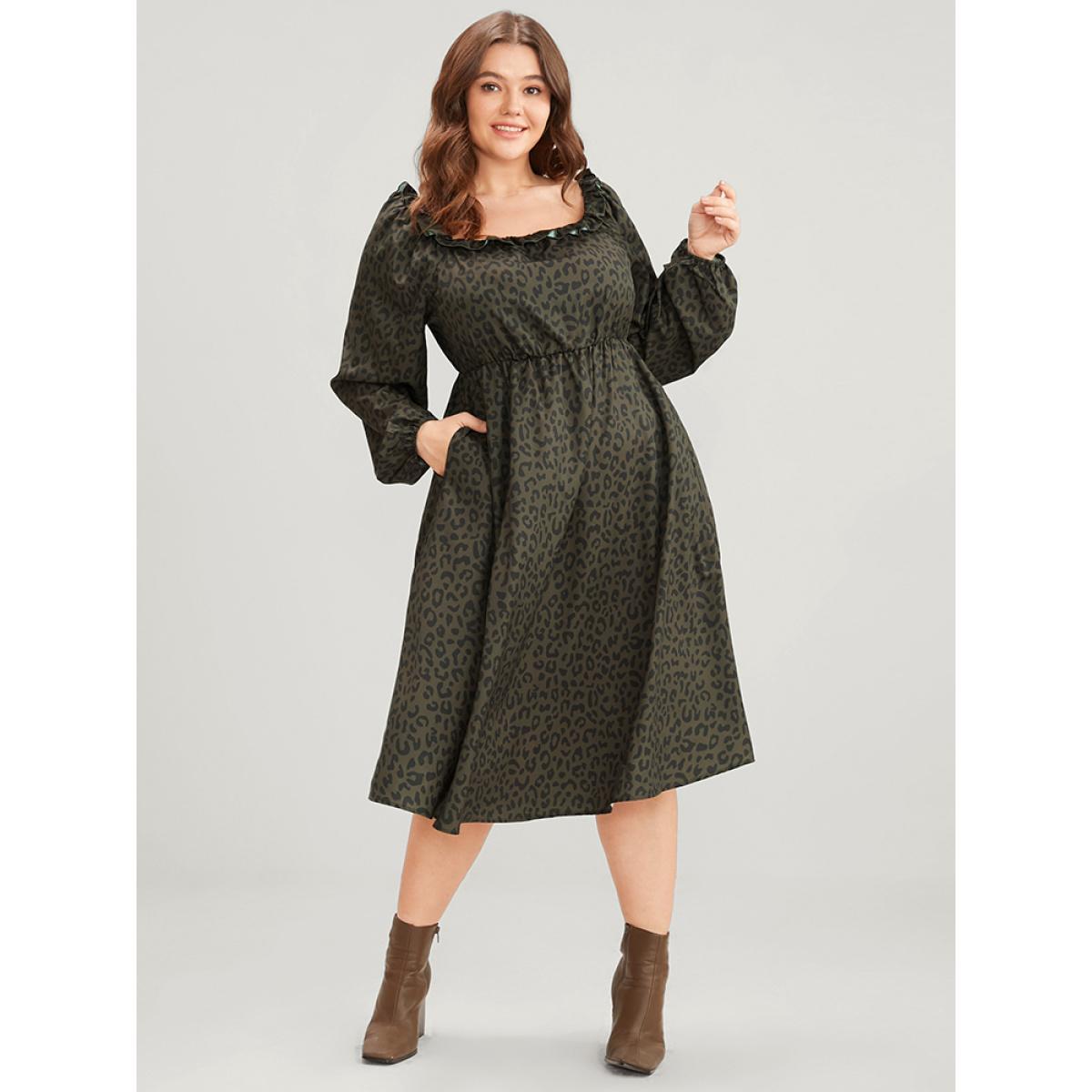 Plus Size Leopard Print Square Neck Pocket Puff Sleeve Midi Dress ArmyGreen Women Elegant Square Neck Long Sleeve Curvy Midi Dress BloomChic 28/5X Product Image