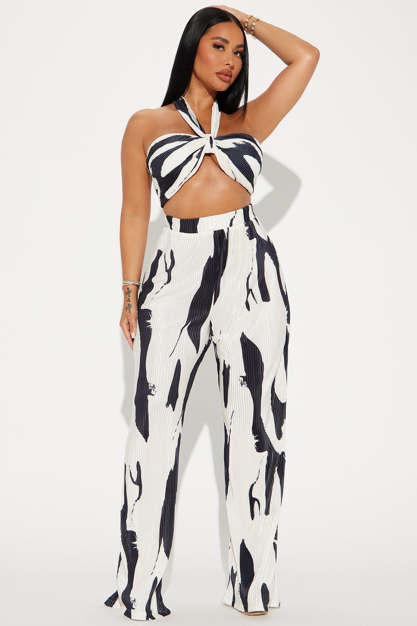 Getting Noticed Plisse Pant Set  - White/Black Product Image
