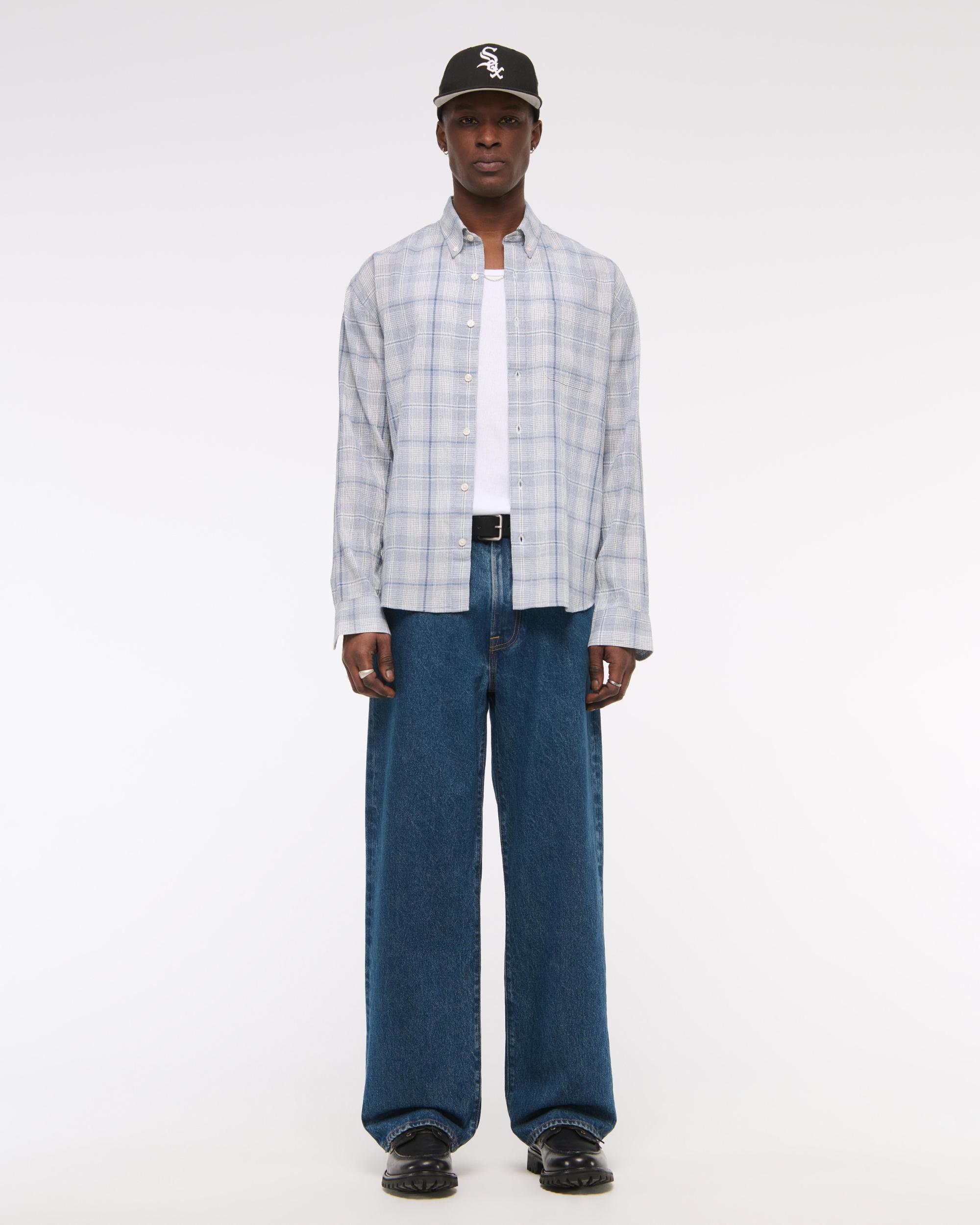 Long-Sleeve Textural Plaid Button-Up Shirt Product Image