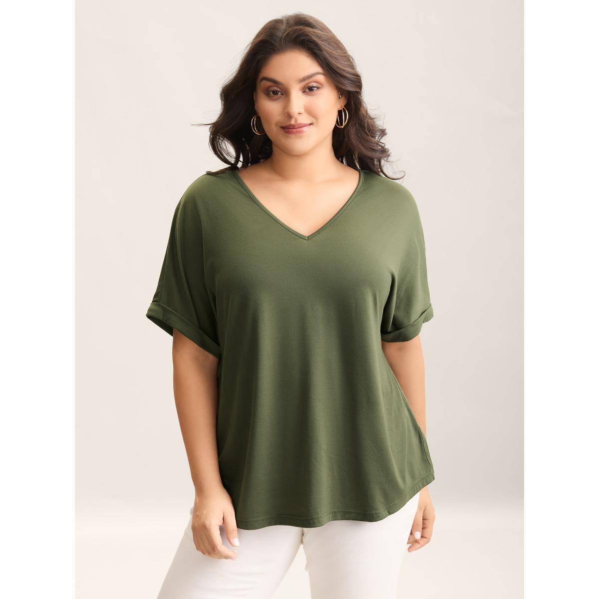 Plus Size Cut-Out Back Detail Plain T-Shirt ArmyGreen Women Roll Hem V-neck Everyday-Casual T-shirts BloomChic 10/M Product Image