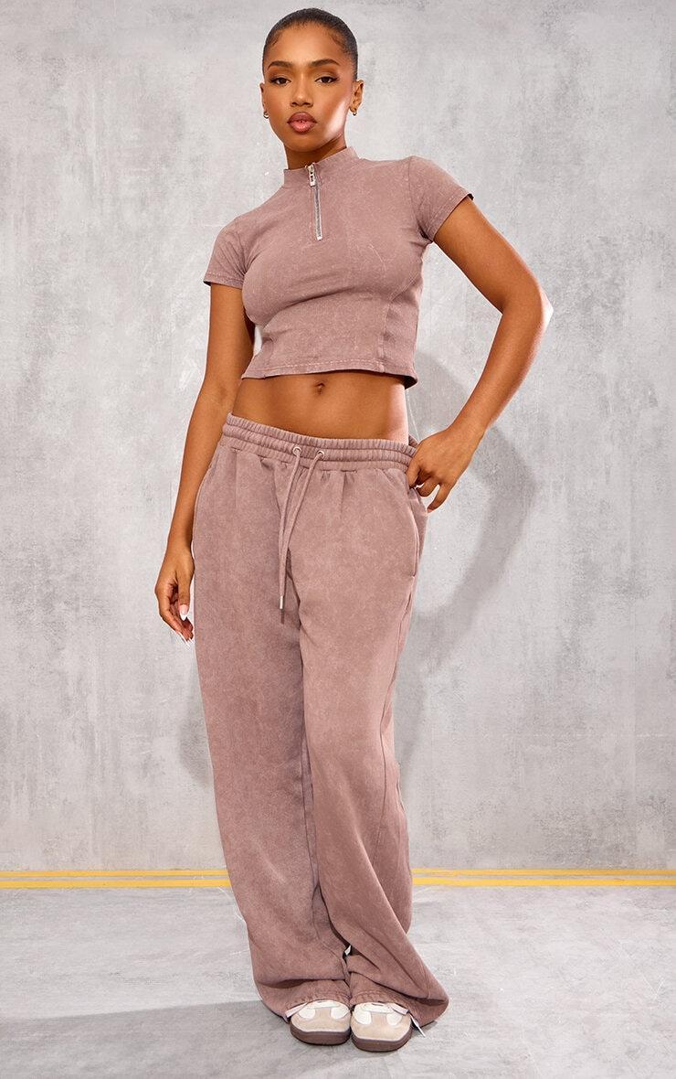 Taupe Washed Rib Panel Wide Leg Sweatpants Product Image