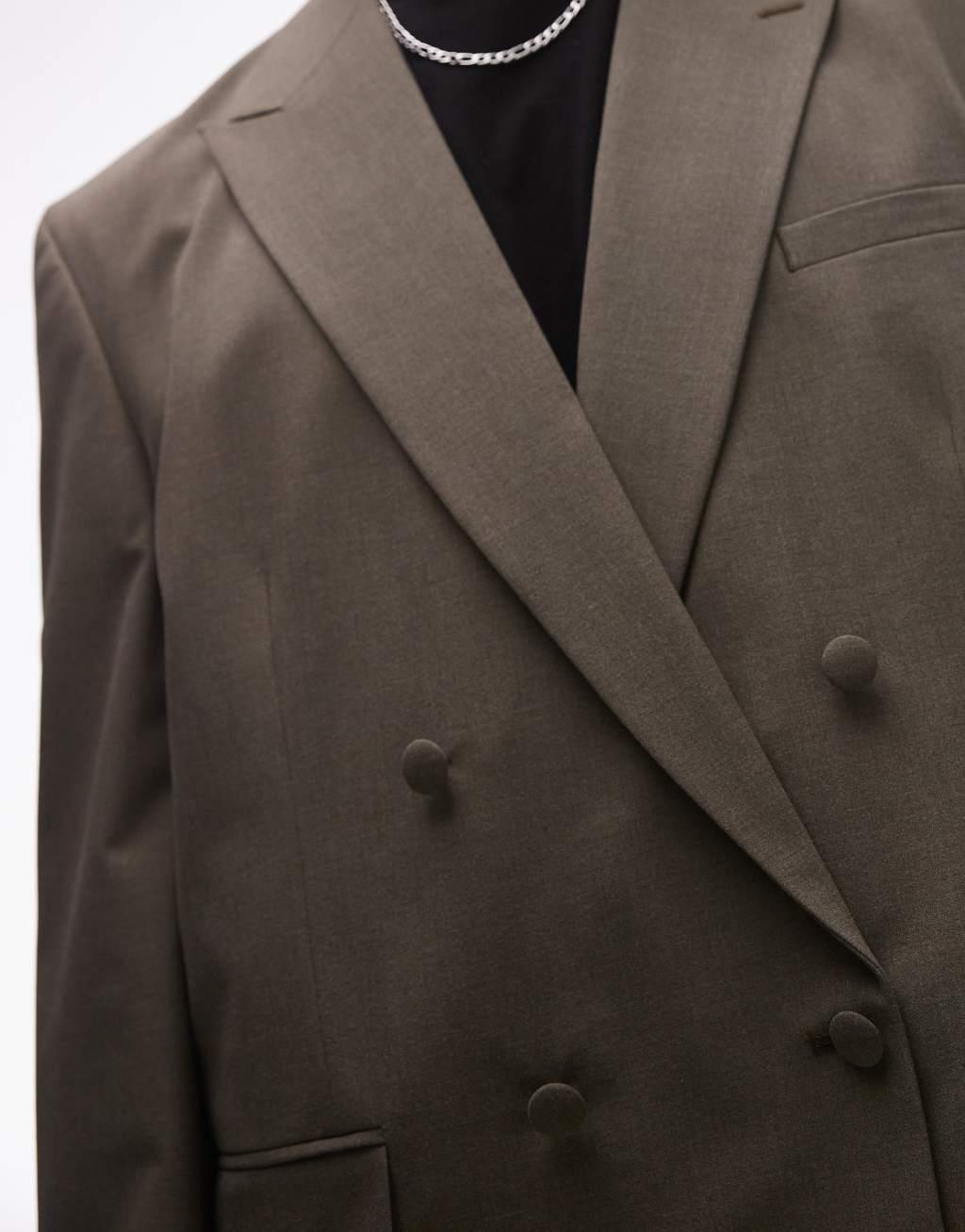 Topman relaxed deconstructed double breasted suit jacket in khaki Product Image