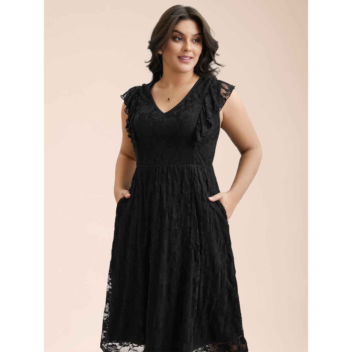 Plus Size Lace Ruffled Sleeve Waist-Cinched Midi Dress Black Women Elegant Texture Knit Dresses Bloomchic 28/5X Product Image