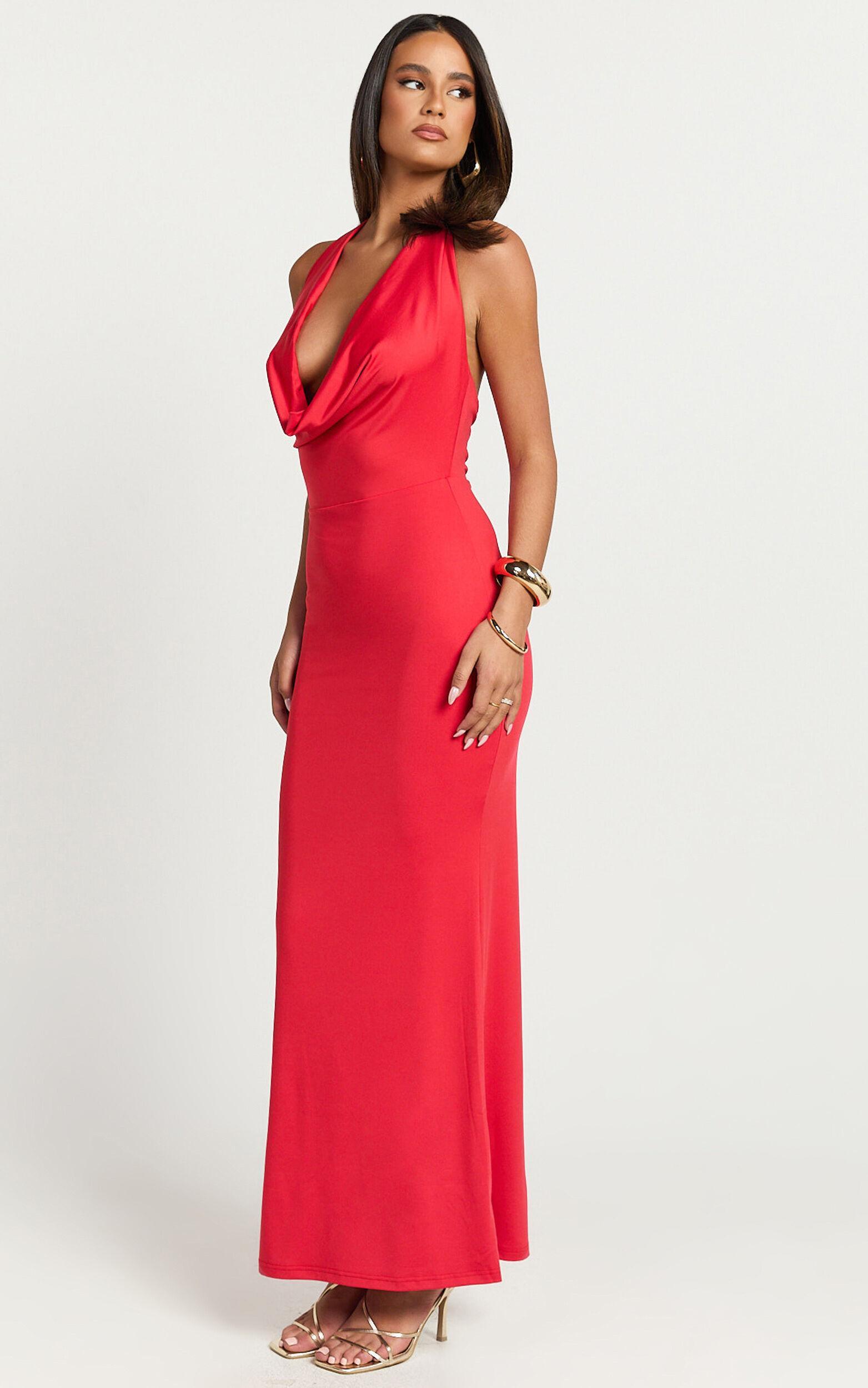 Sylvana Maxi Dress - Cowl Halter Neck Bodycon Dress in Red Product Image