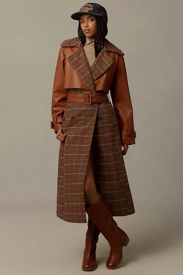 Avec Les Filles Plaid Faux-Leather Belted Trench Coat Product Image