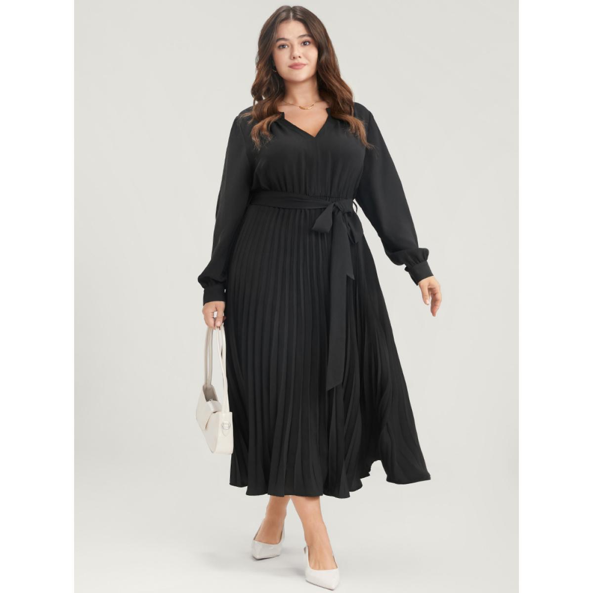 Plus Size Solid V Neck Belted Pleated Midi Dress Black Women Office Belted V-neck Long Sleeve Curvy Midi Dress BloomChic 28/5X Product Image