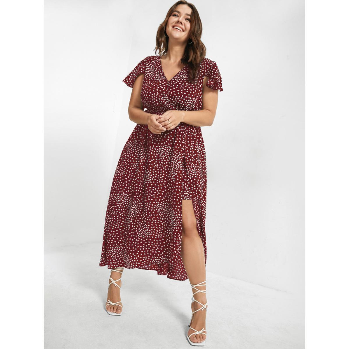 Plus Size V Neck Butterfly Pattern Split Dress Maroon Women Elegant Gathered V-neck Cap Sleeve Curvy Midi Dress BloomChic 20/2X Product Image