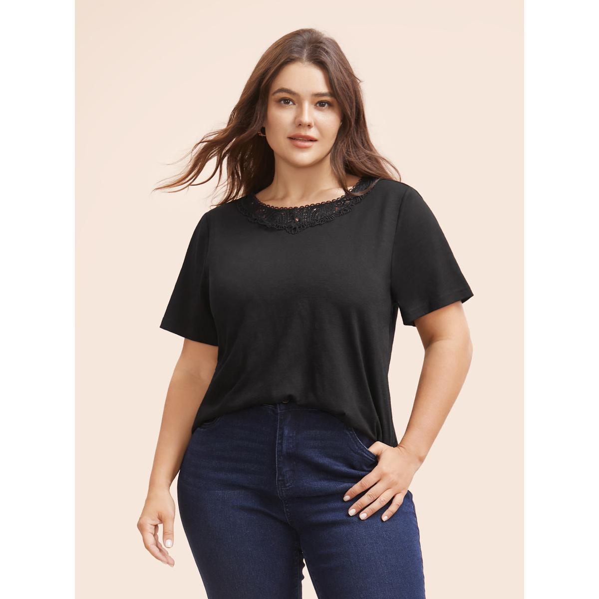 Plus Size Crew Neck Stretch Lace Patchwork T-shirt Black Women Elegant Patchwork Non Everyday T-shirts BloomChic 22-24/3X Product Image