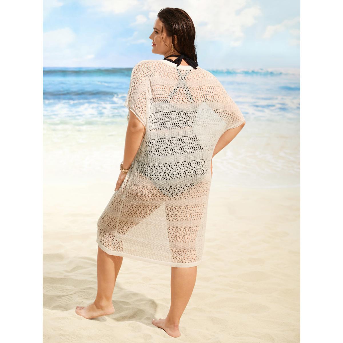 Plus Size Crew Neck Cut Out Dolman Sleeve Swim Cover Up Women's Swimwear Ivory Beach Loose Texture Curve Swim Cover Ups BloomChic 12/L Product Image