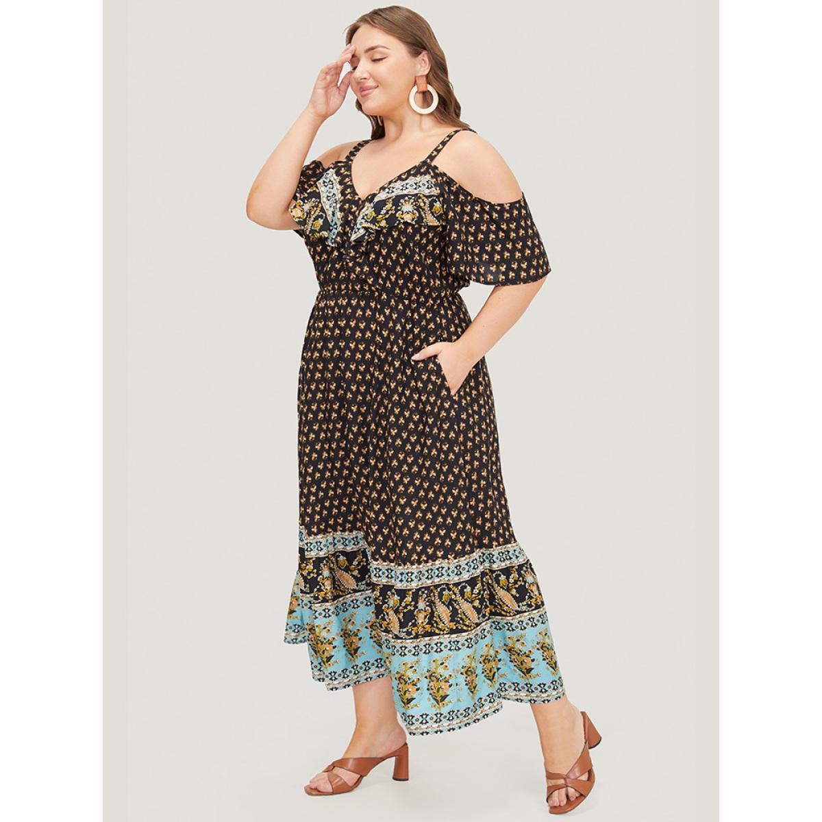 Plus Size Bandana Print Pocket Ruffle Trim Cold Shoulder Maxi Dress Black Women Vacation Adjustable Straps V-neck Short sleeve Curvy Maxi Dress BloomChic 22-24/3X Product Image