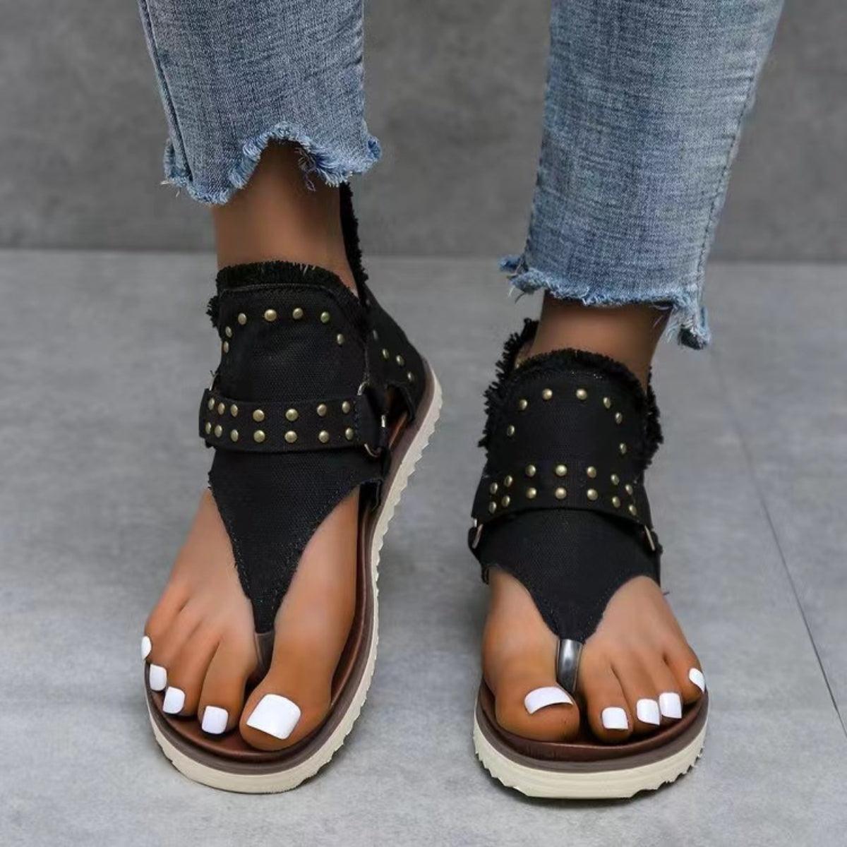 Studded Raw Hem Flat Sandals Product Image