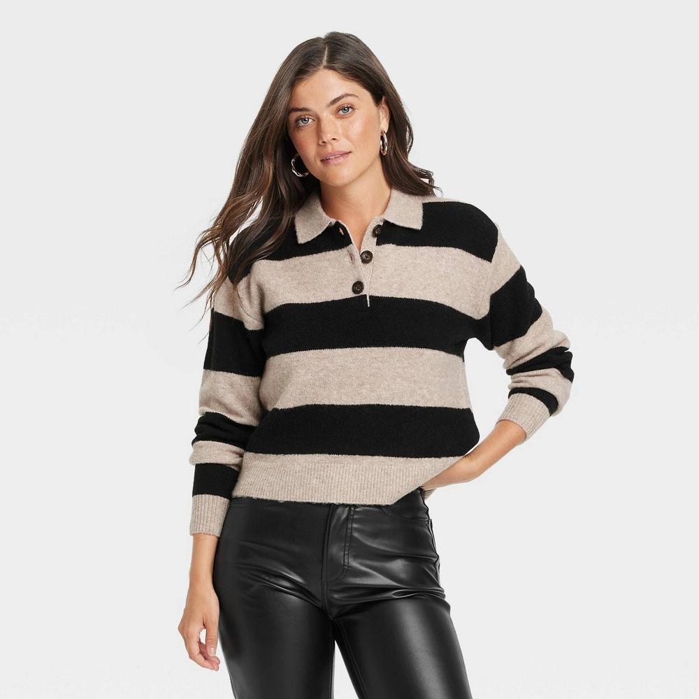 Womens Collared Pullover Sweater - Universal Thread Tan/Black Striped M Product Image