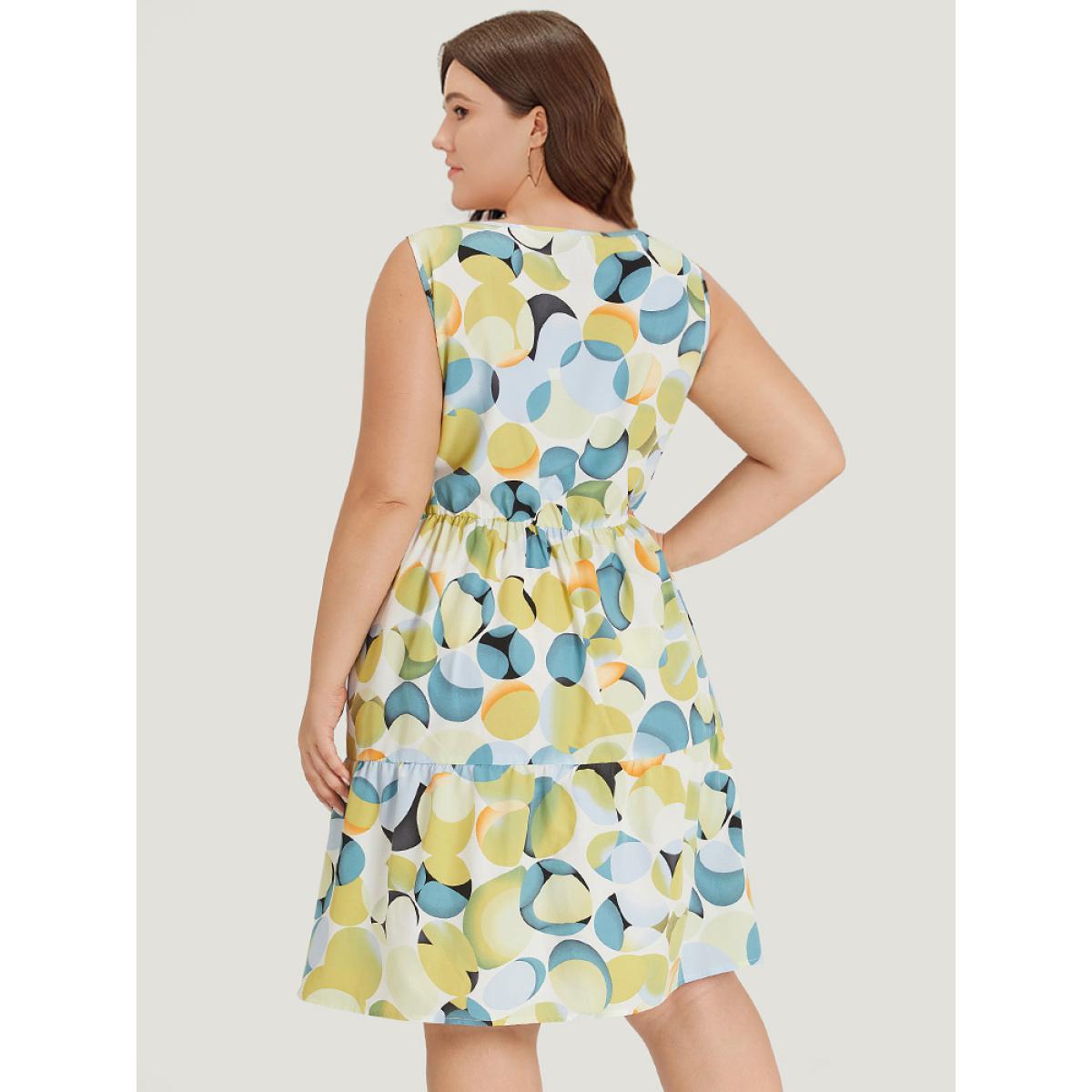 Plus Size Geometric Print Pocket Ruffle Layered Hem Sleeveless Dress YellowGreen Women Elegant Lined Round Neck Sleeveless Curvy Knee Dress BloomChic 18-20/2X Product Image