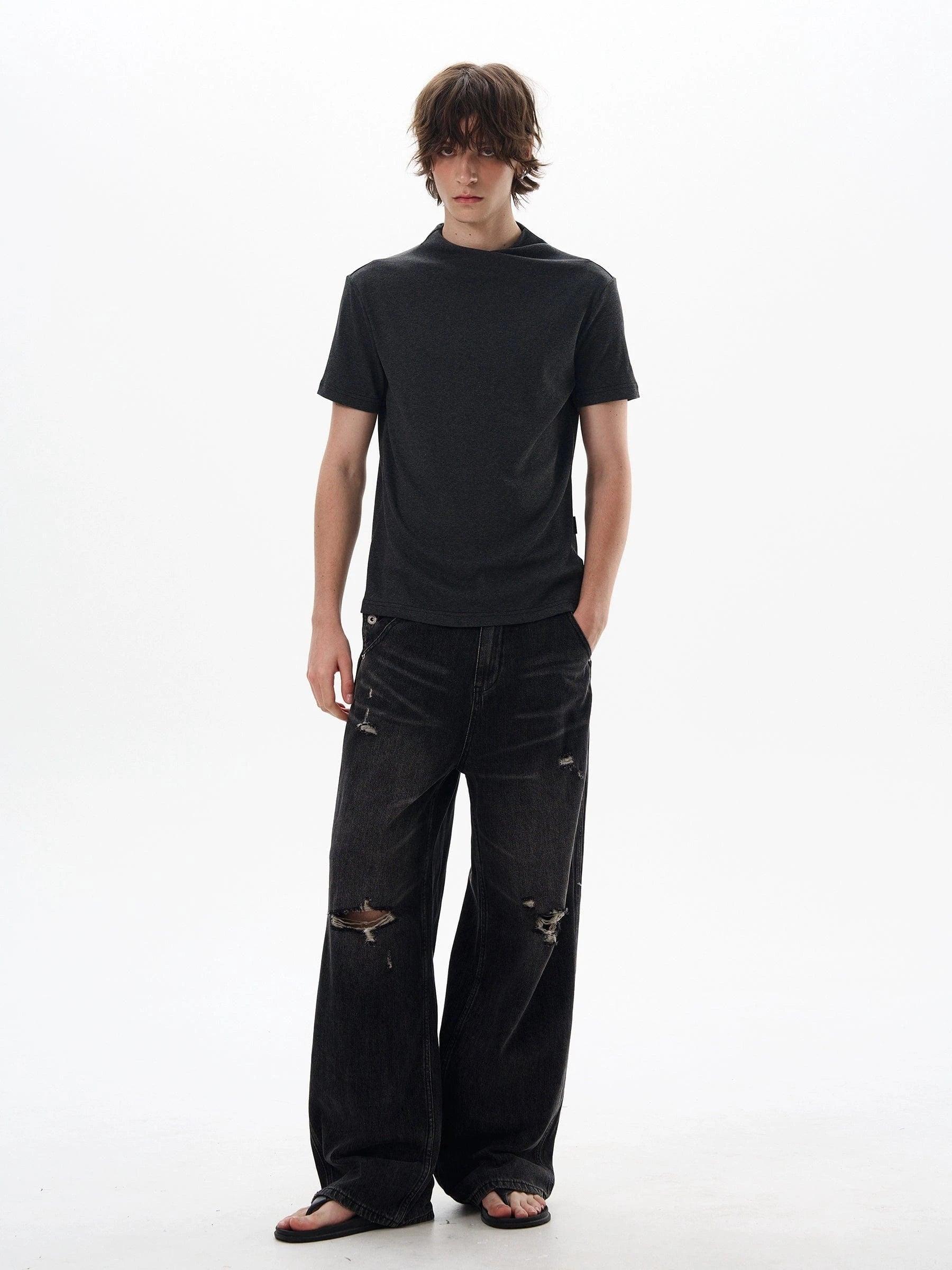 RT No. 18030 BLACK DISTRESSED DENIM STRAIGHT JEANS Product Image