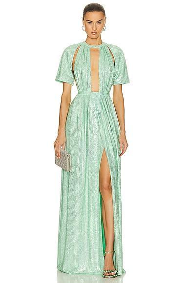 AREA Crystal Embellished Flutter Sleeve Gown Mint. (also in ). Product Image