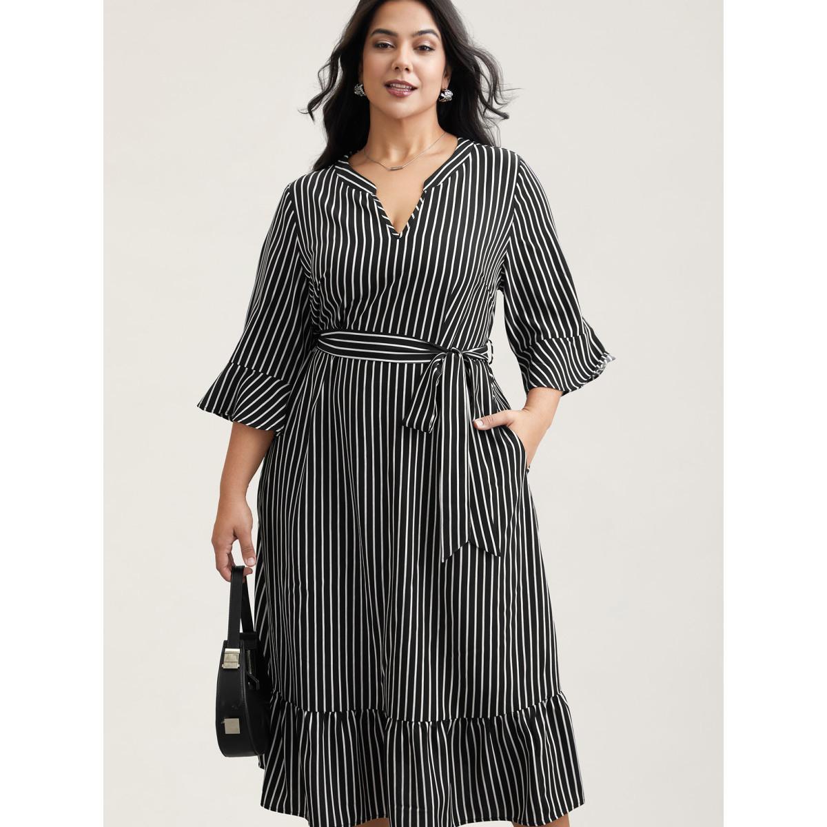 Plus Size Striped Belted Notched Collar Midi Dress Black Women At the Office Belted Flat collar with V-notch Elbow-length sleeve Curvy BloomChic 14-16/1X Product Image