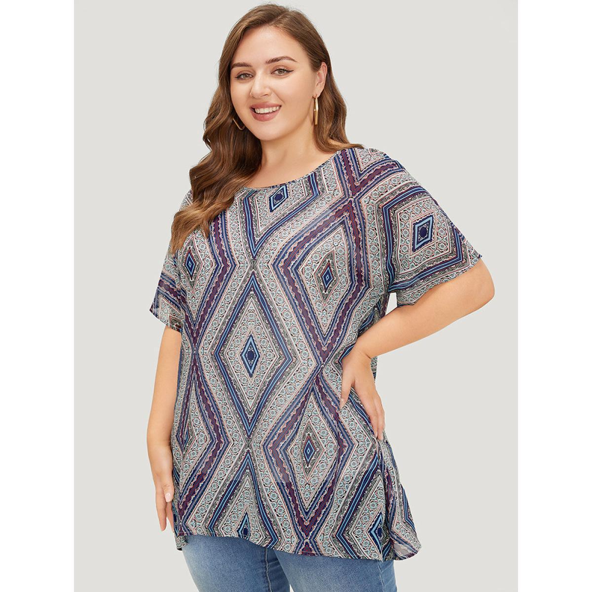 Plus Size Blue Moroccan Print Asymmetrica Hem Batwing Sleeve Blouse Women Vacation Short sleeve Round Neck Dailywear Blouses BloomChic 18-20/2X Product Image