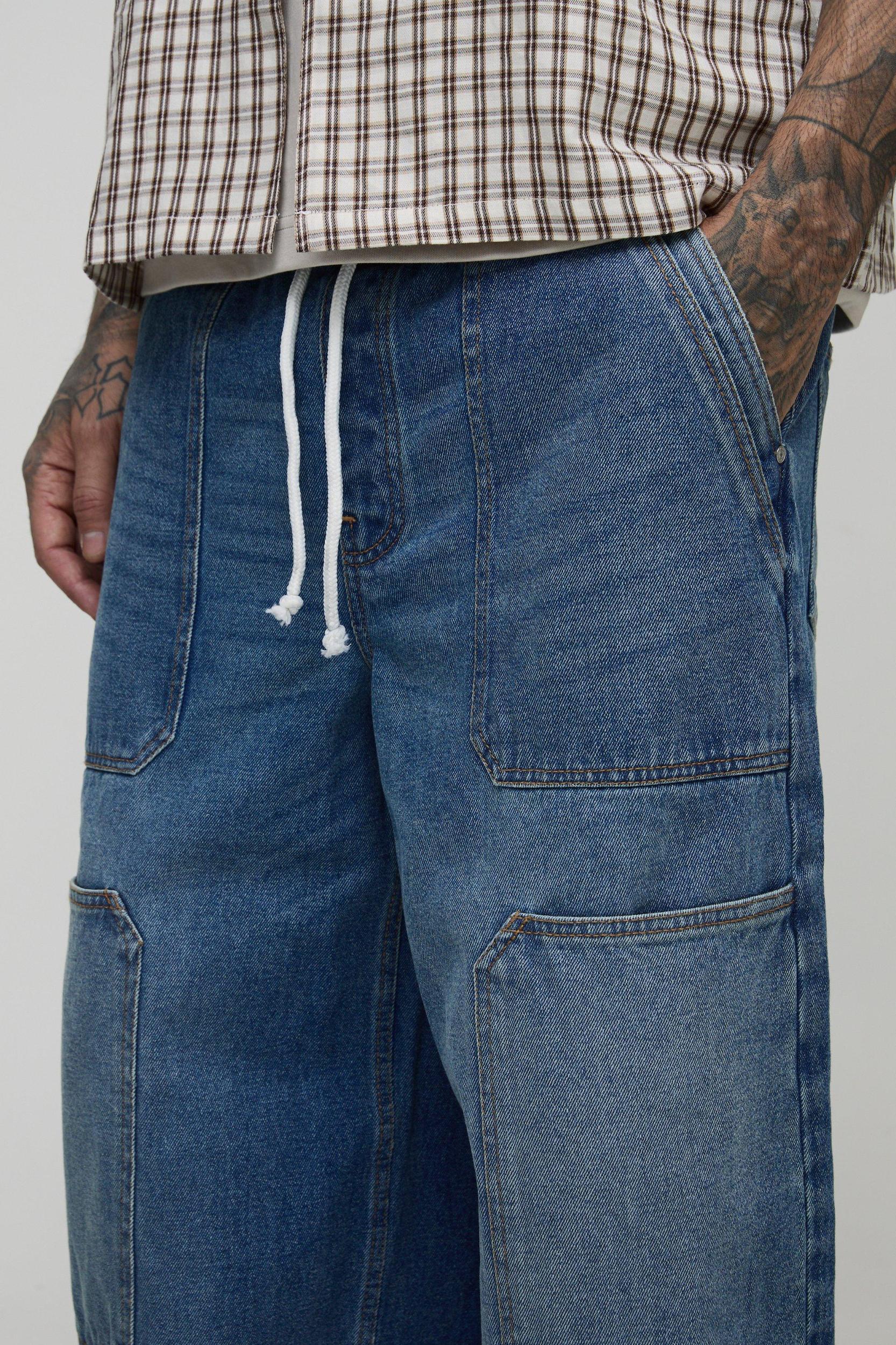 Tall Super Baggy Contrast Stitch Elasticated Waist Cargo Jeans | boohooMAN USA Product Image