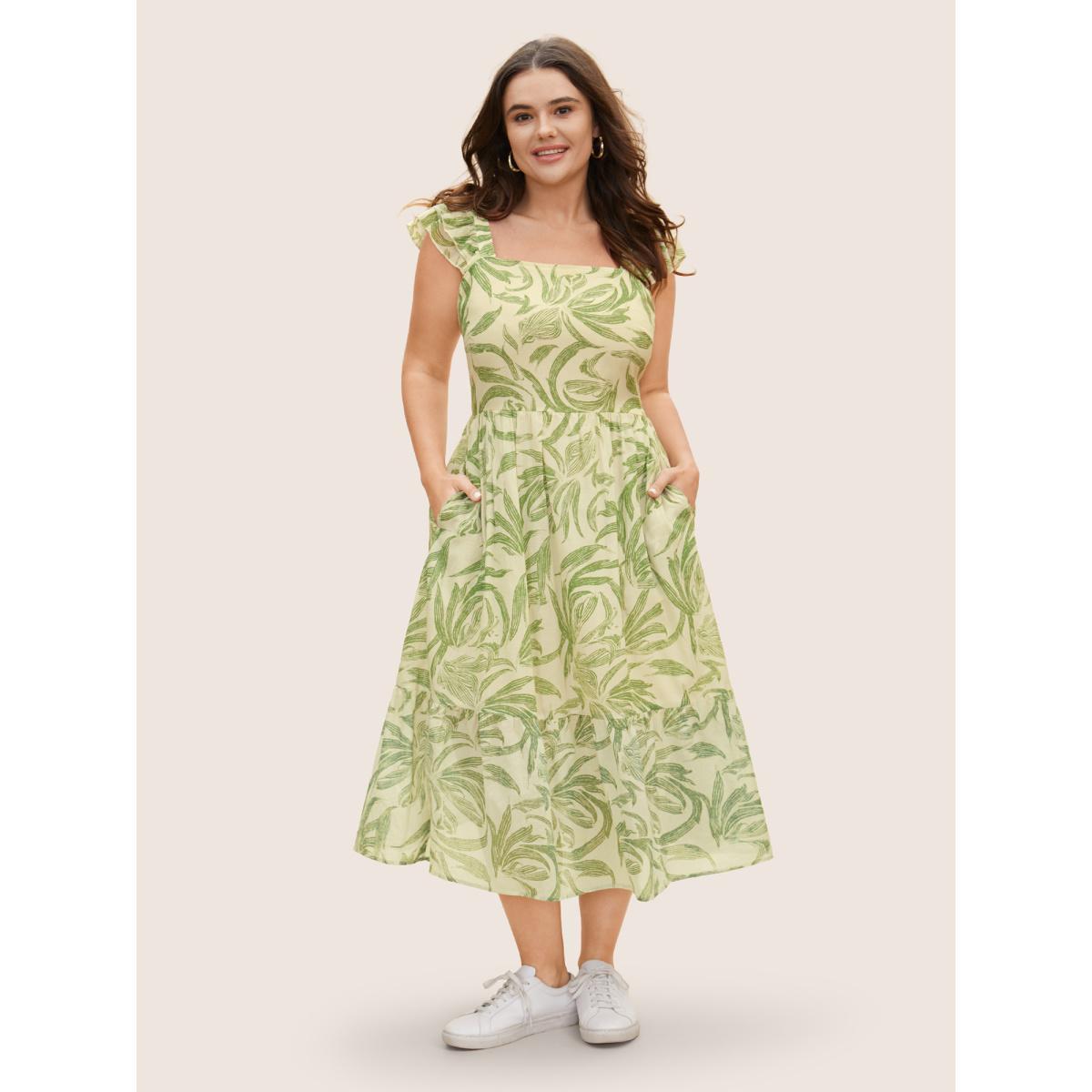 Plus Size Cotton Square Neck Floral Print Tiered Ruffles Dress LightGreen Women Casual Ruffles Square Neck Cap Sleeve Curvy BloomChic 26/4X Product Image