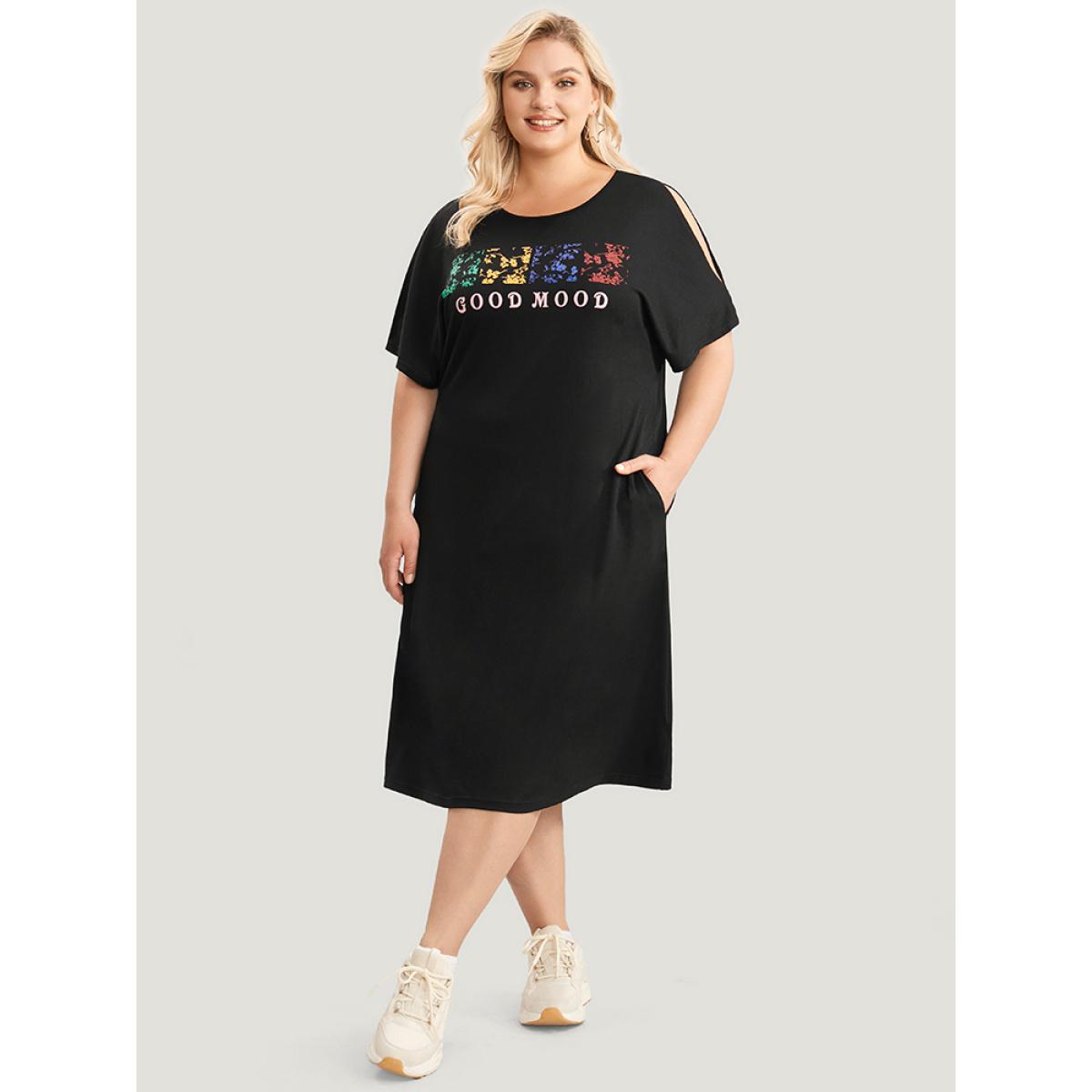 Plus Size Graphic & Letter Print Dolman Sleeve Pocket Cold Shoulder Tee Dress Black Women Casual Printed Curvy Knee Dress BloomChic 30/6X Product Image