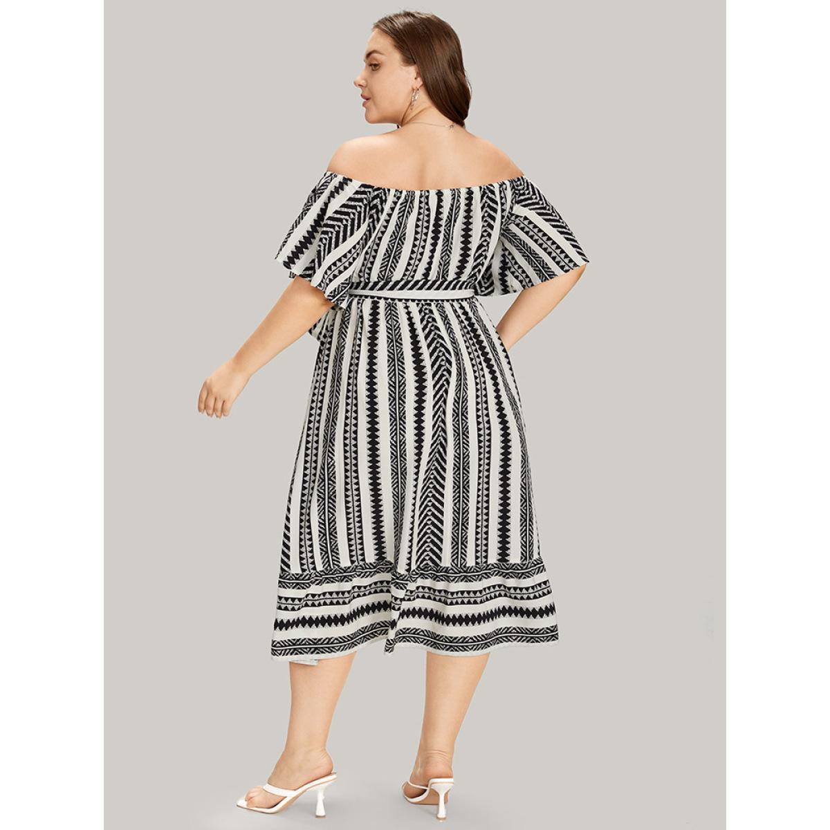 Plus Size Striped Off Shoulder Pocket Patchwork Belted Dress White Women Vacation Belted One-shoulder neck Short sleeve Curvy Midi Dress BloomChic 18-20/2X Product Image
