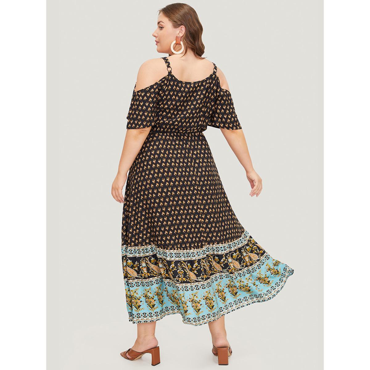 Plus Size Bandana Print Pocket Ruffle Trim Cold Shoulder Maxi Dress Black Women Vacation Adjustable Straps V-neck Short sleeve Curvy Maxi Dress BloomChic 22-24/3X Product Image