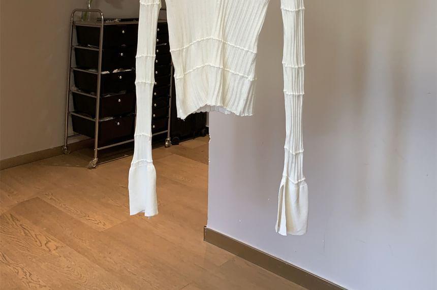 Long Sleeve Open Placket Plain Ribbed Knit Polo Top Product Image