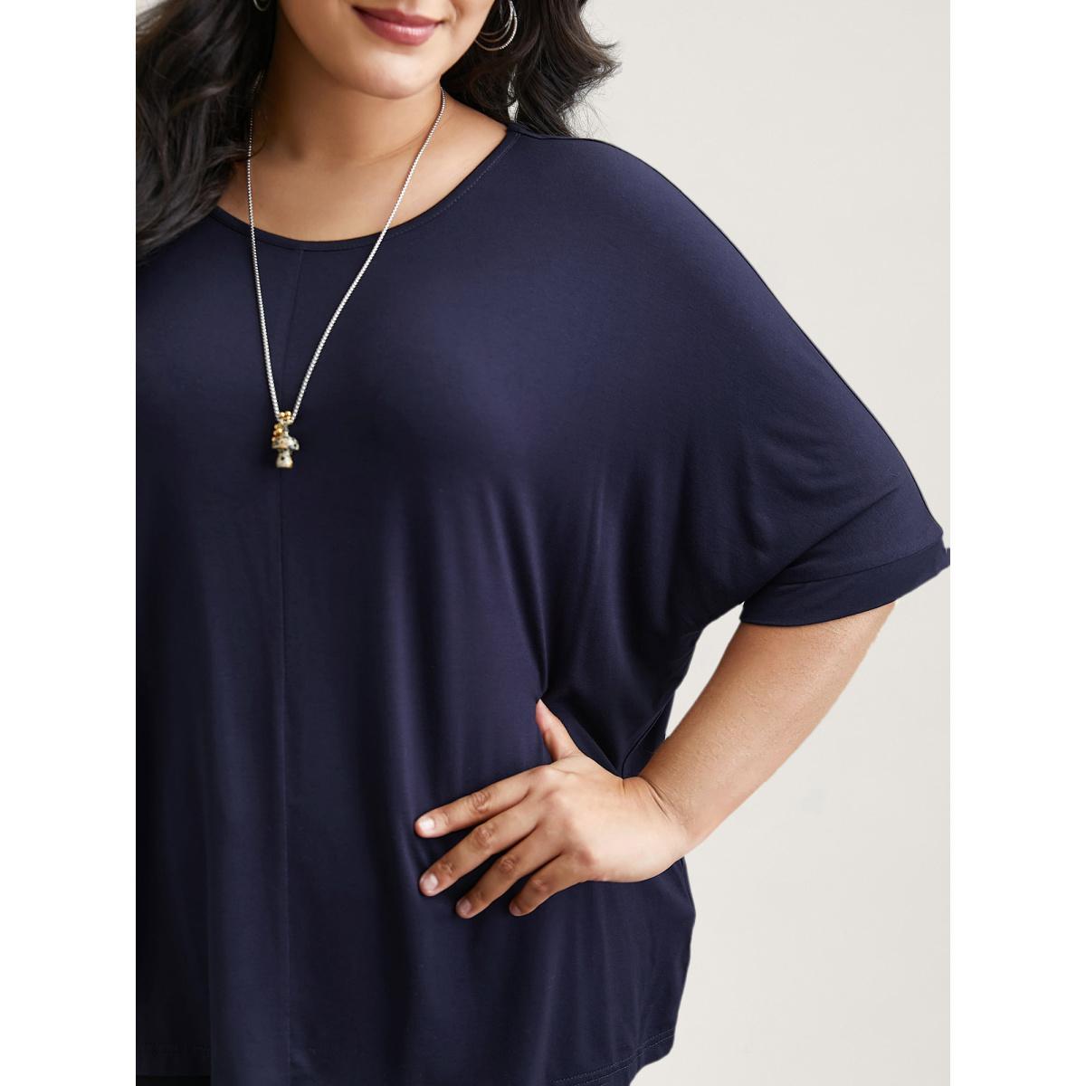 Plus Size Supersoft Round Neck Plain T-Shirt Midnight Women Casual Non Round Neck Everyday T-shirts BloomChic 14-16/1X Product Image