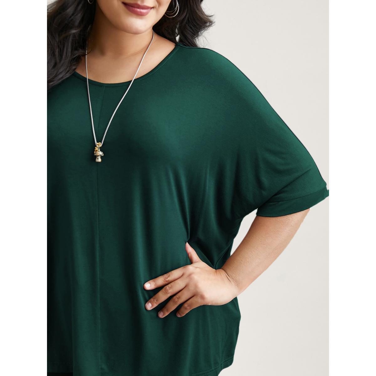 Plus Size Supersoft Round Neck Plain T-Shirt DarkGreen Women Casual Non Round Neck Everyday T-shirts BloomChic 18-20/2X Product Image
