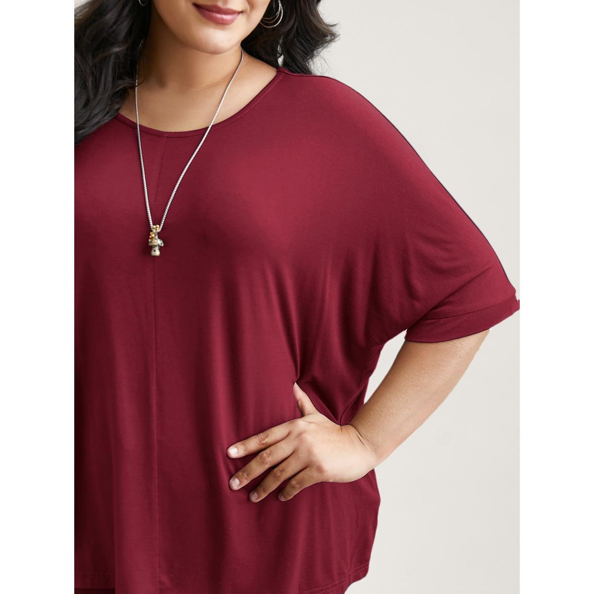 Plus Size Supersoft Round Neck Plain T-Shirt Scarlet Women Casual Non Round Neck Everyday T-shirts BloomChic 18-20/2X Product Image