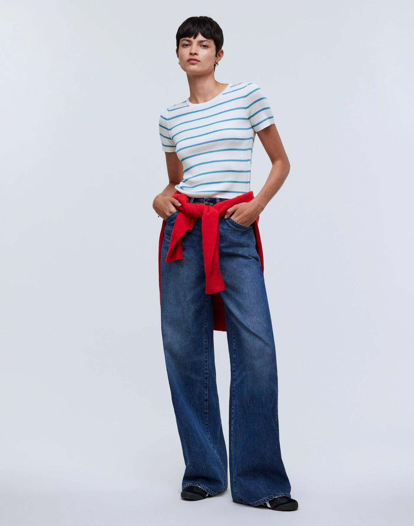 Cropped Crewneck Sweater Tee in Stripe Product Image