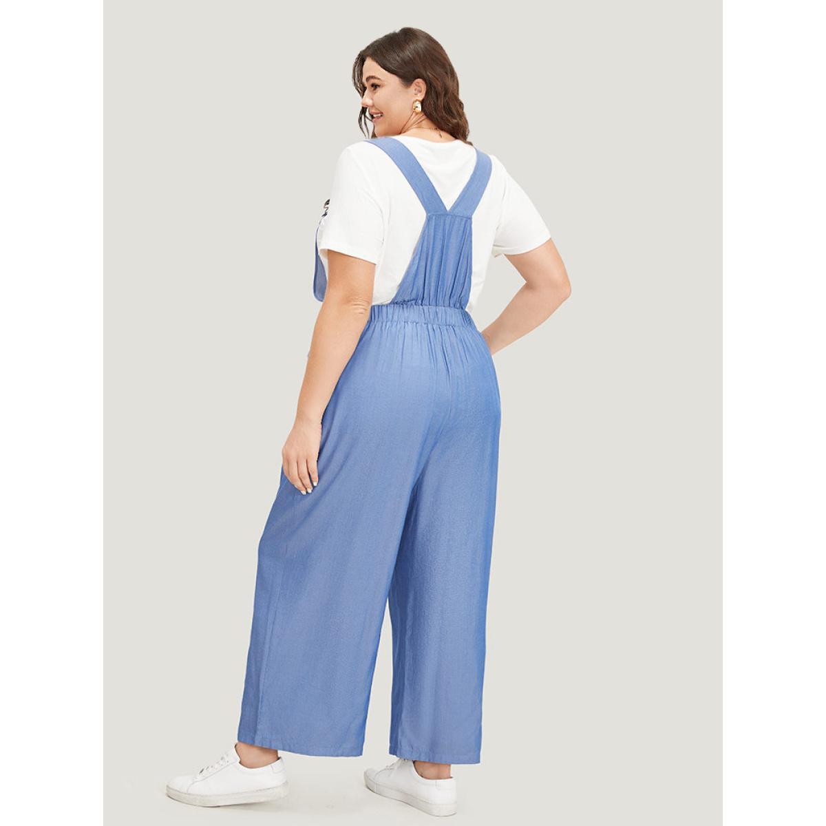 Plus Size Stone Solid Patched Pocket Gathered Overall Jumpsuit Women Casual Sleeveless Spaghetti Strap Dailywear Loose Jumpsuits BloomChic 10/M Product Image