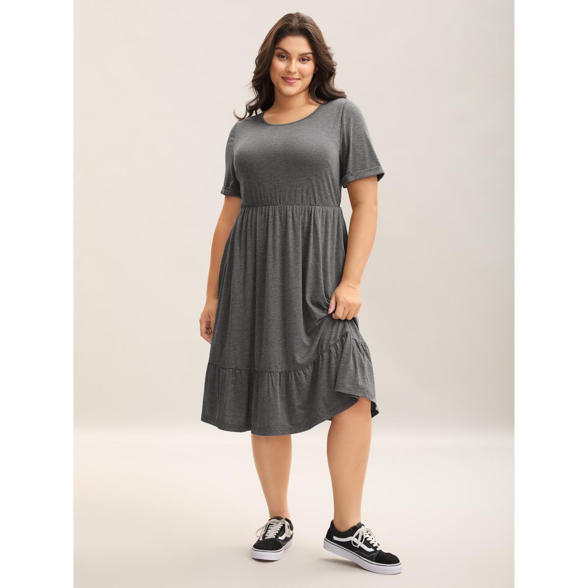 Plus Size Stretchy Fabric Pockets Ruffled Hem Midi Dress DarkGray Women Casual Knit Dresses Bloomchic 14-16/1X Product Image